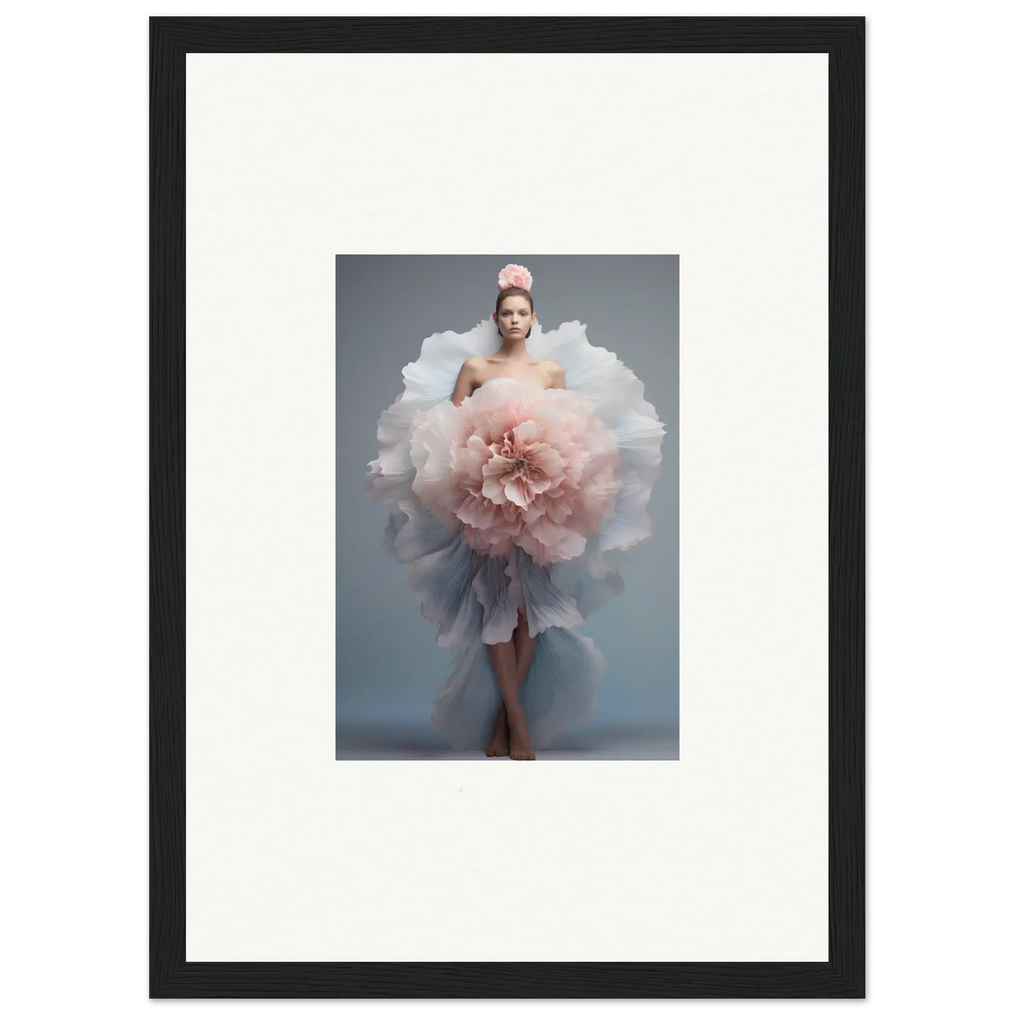 Ethereal pink and white ruffled dress inspired by Astral Petal Whispers art