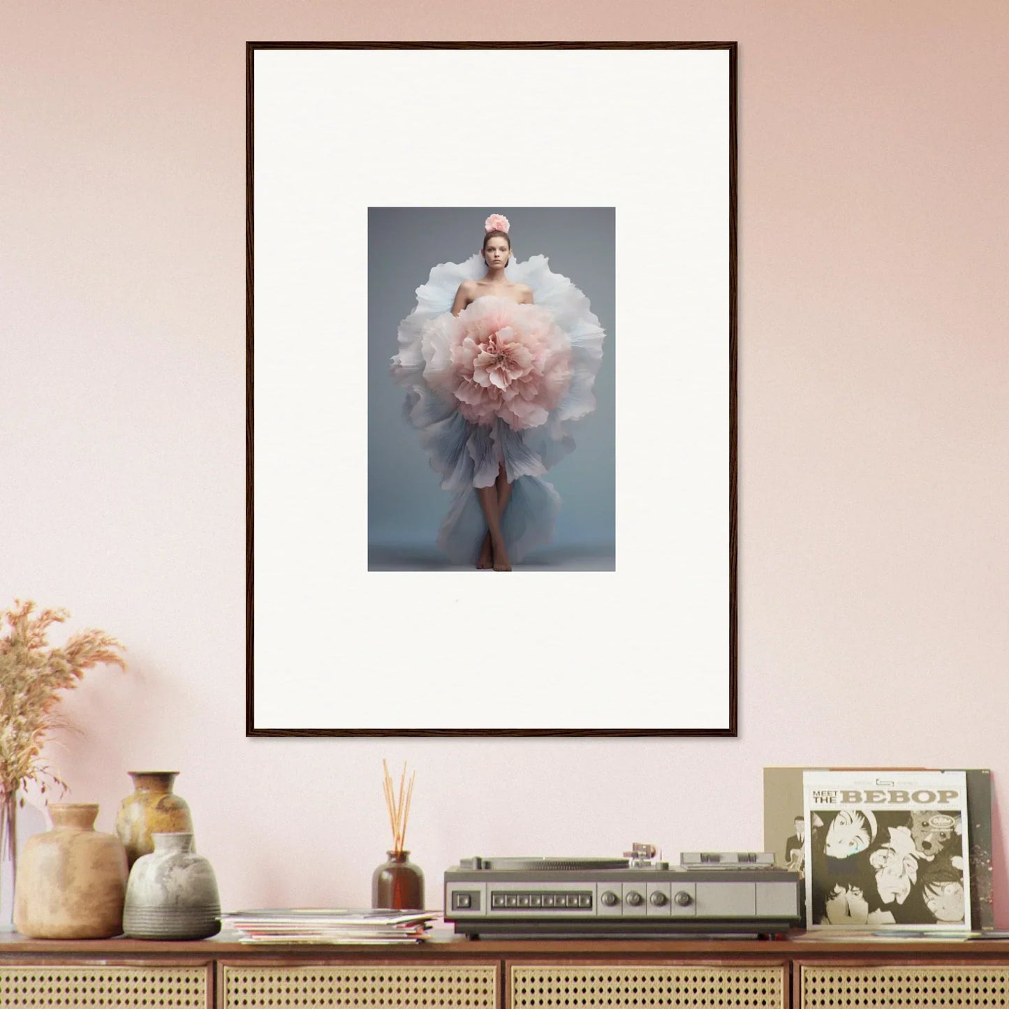 Framed wall art of Astral Petal Whispers with a figure in pink tulle fabric