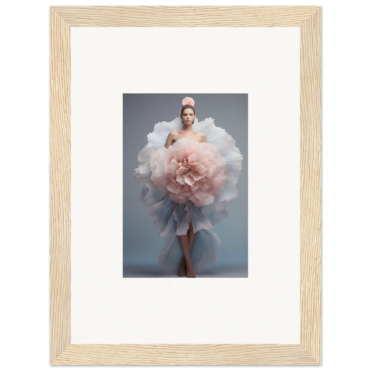 Framed wall art of Astral Petal Whispers features a stunning pink and white ruffled tulle gown