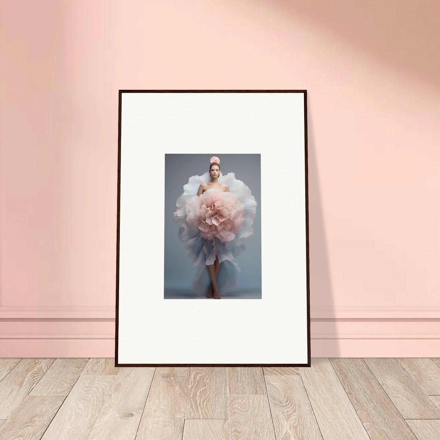 Framed wall art of Astral Petal Whispers featuring a figure in soft pink tulle