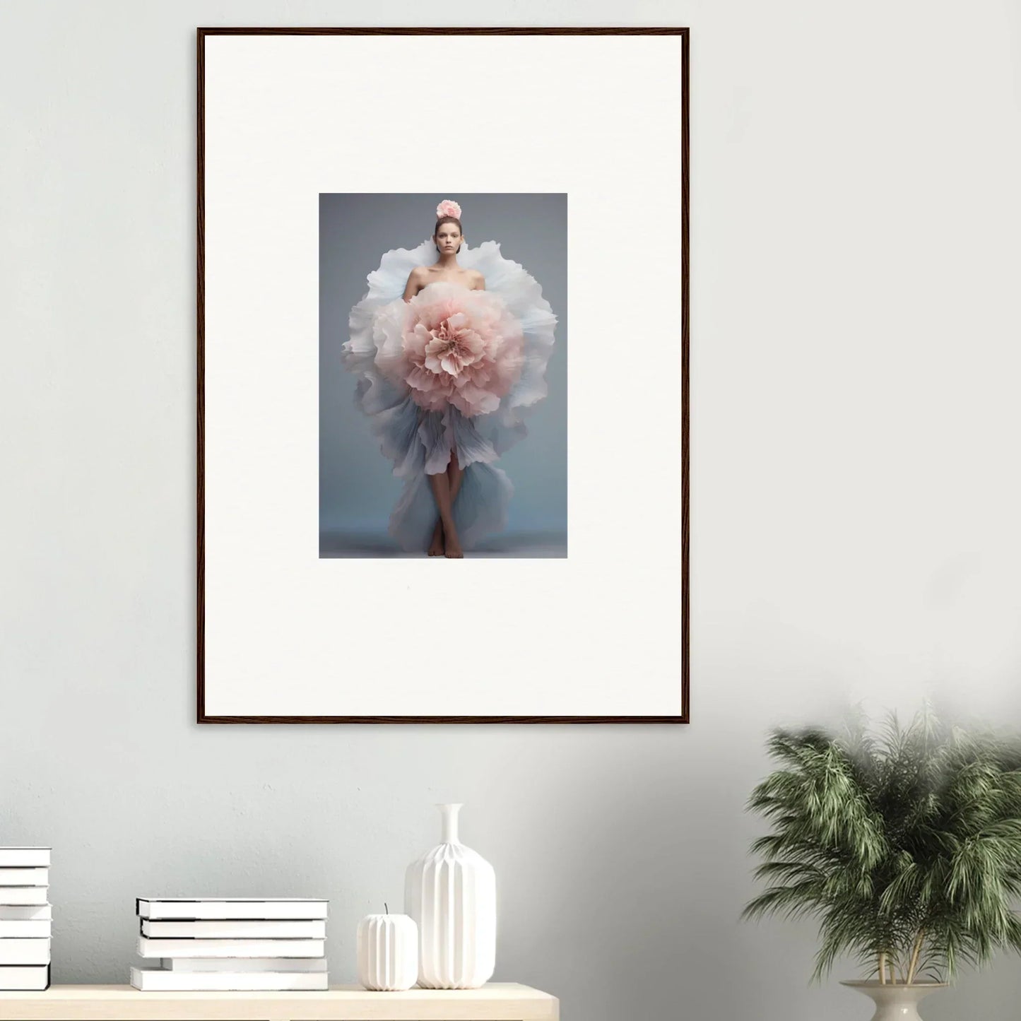 Framed wall art of Astral Petal Whispers with a figure in flowing pink tulle
