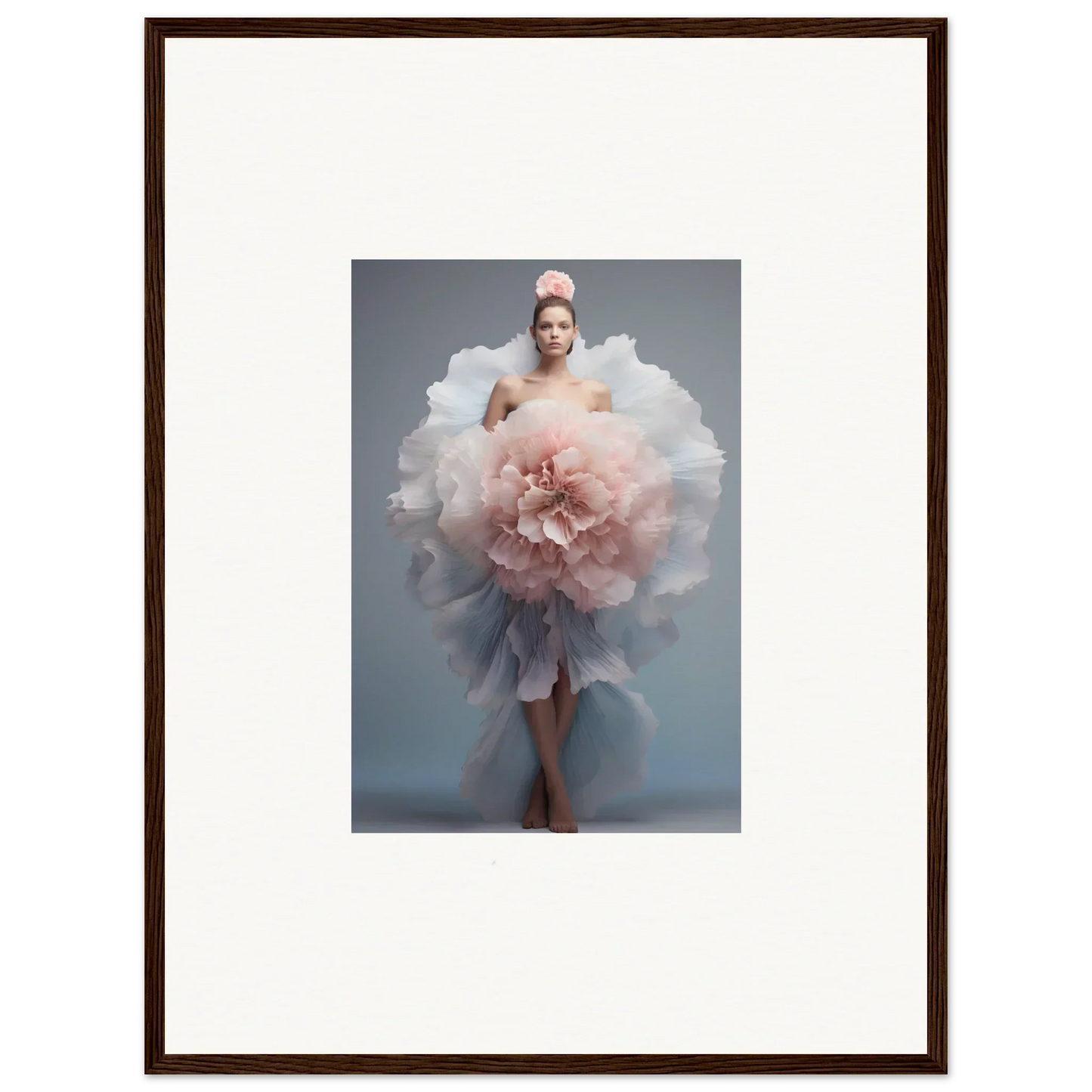 Figure in a pink and white dress like a flower for Astral Petal Whispers art