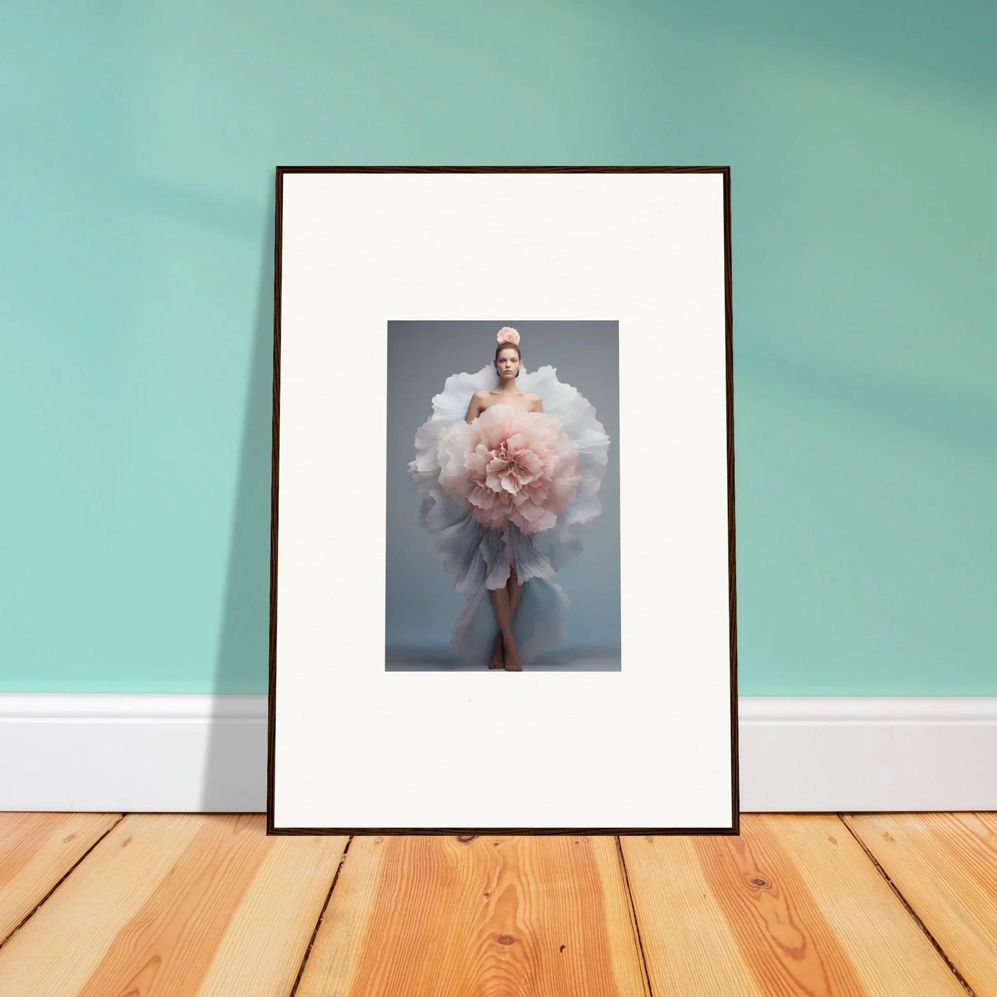 Framed wall art of Astral Petal Whispers tulle dress in pink and white hues