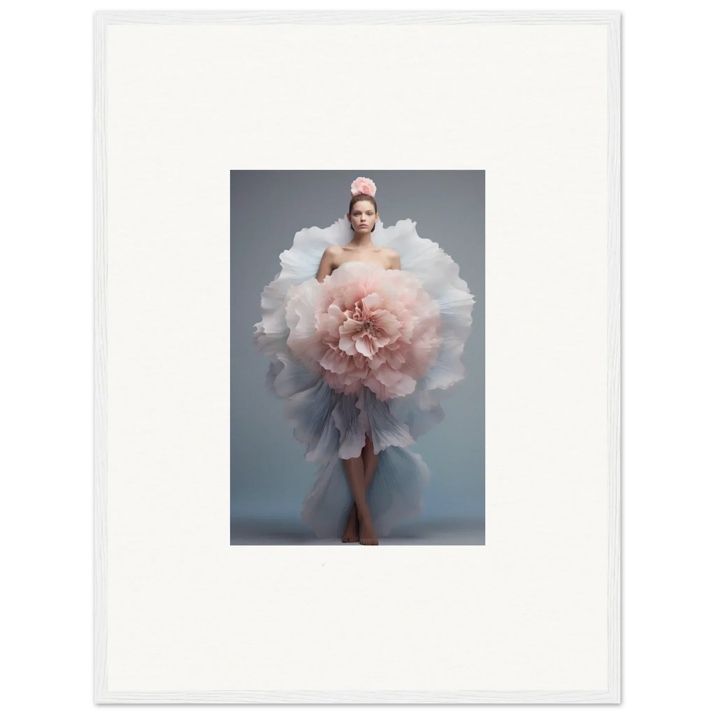 A figure in a pink and white dress like a flower, inspired by Astral Petal Whispers