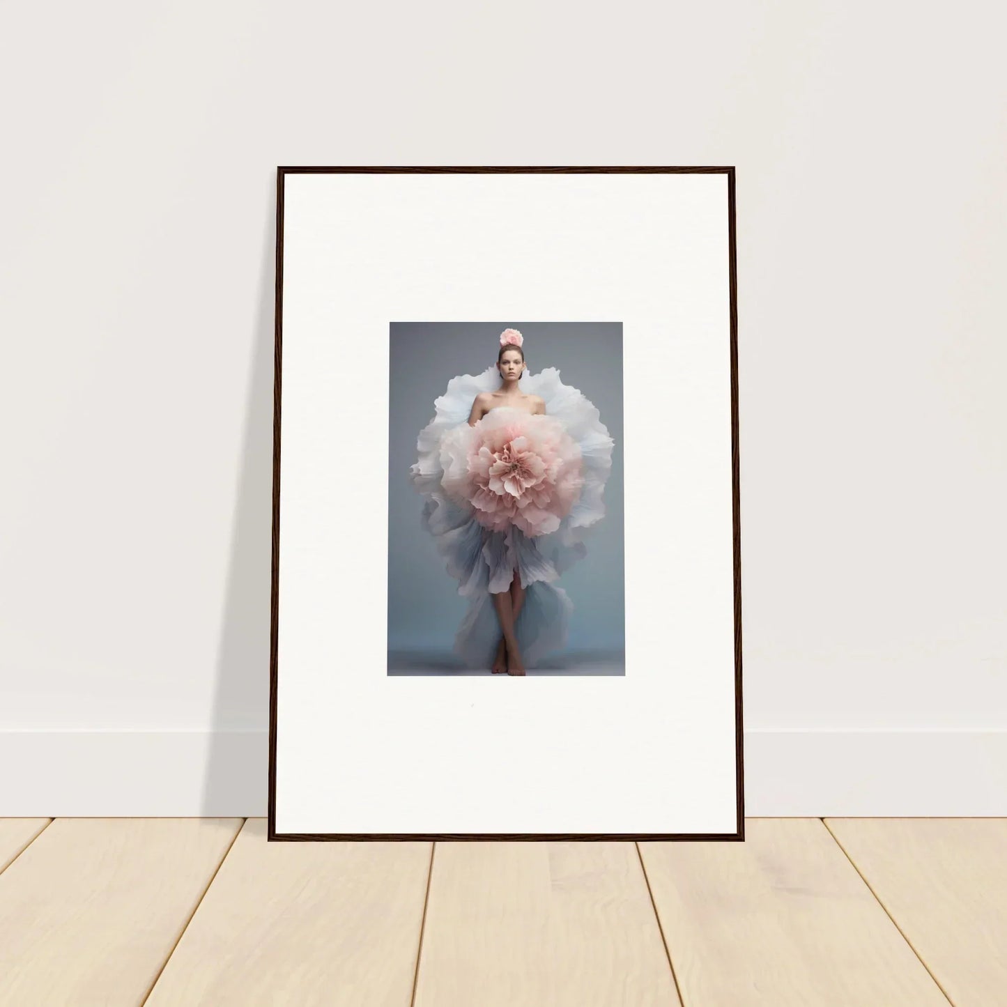 Framed wall art of Astral Petal Whispers featuring a figure in a pink tulle dress