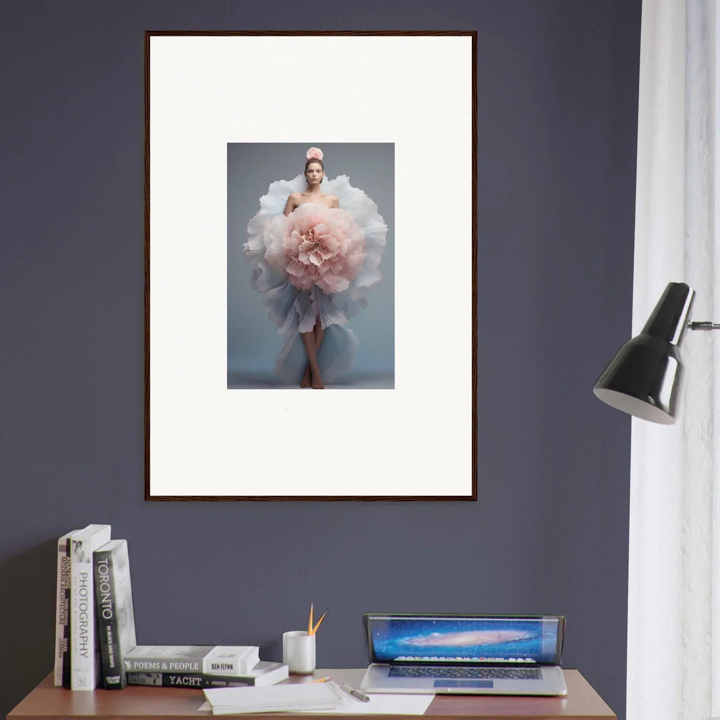 Framed wall art of Astral Petal Whispers with a figure in pink tulle fabric