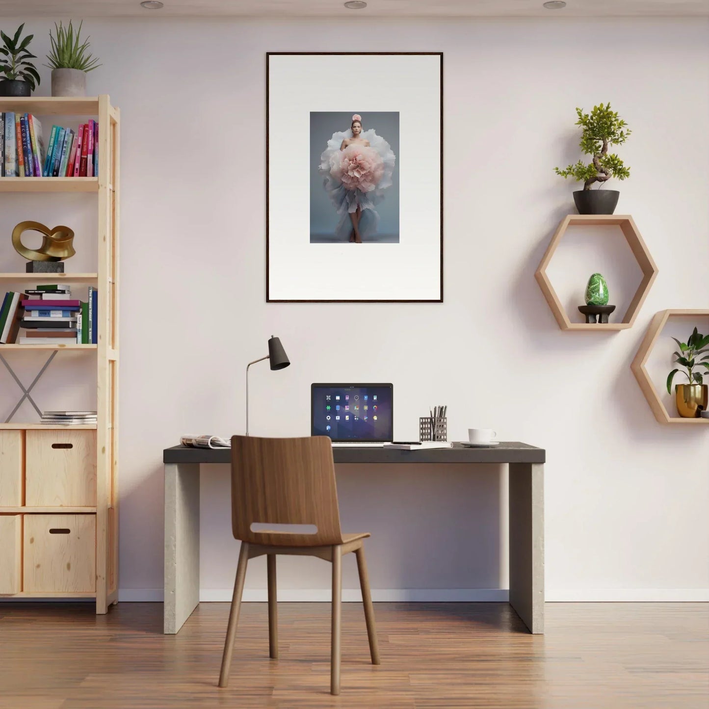 Simple home office with dark desk, wooden chair, and Astral Petal Whispers art