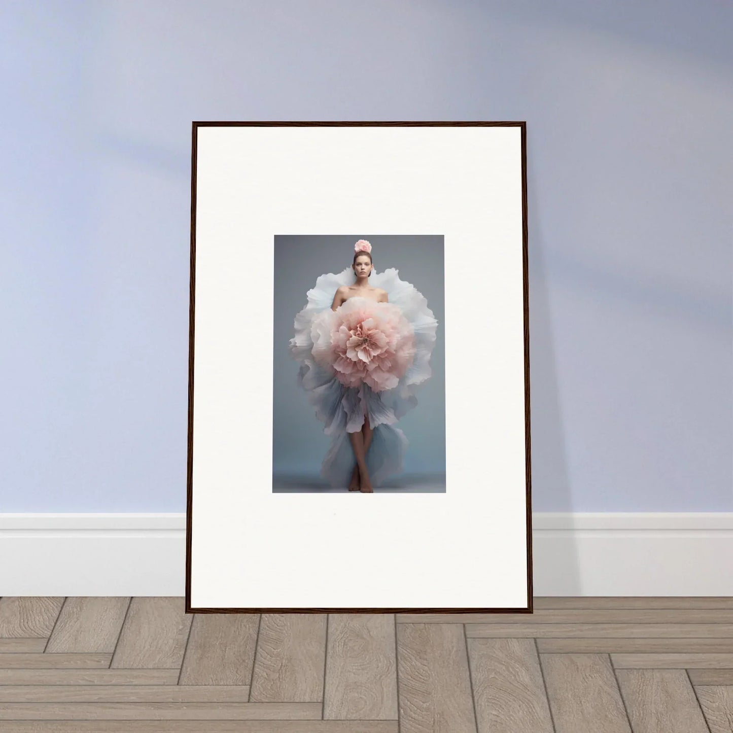 Framed wall art of a figure in a pink tulle gown from Astral Petal Whispers