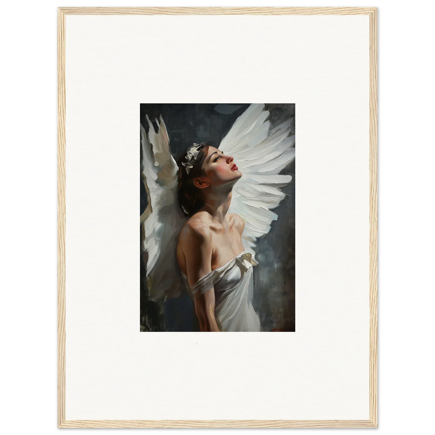 Ethereal figure with white wings and floral crown for a stunning canvas print room decoration