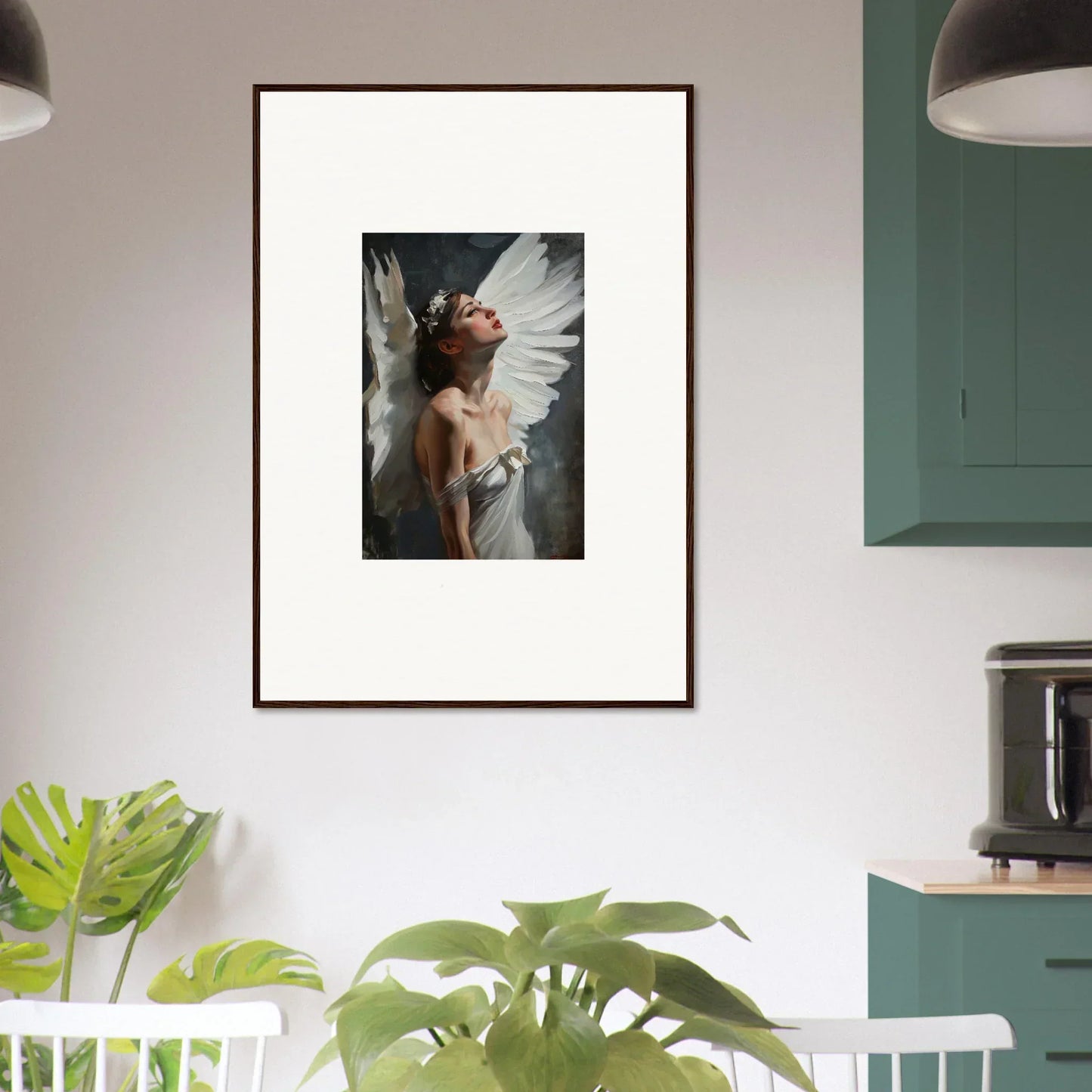 Framed canvas print of Astral Wings Emergence with serene figure and elegant wings