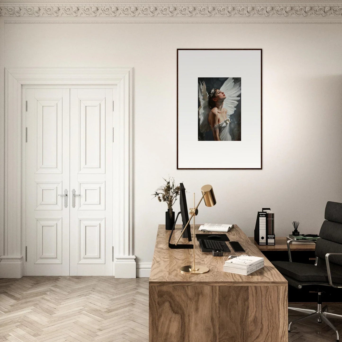 Elegant home office with wooden desk, featuring a Wings Emergence canvas print
