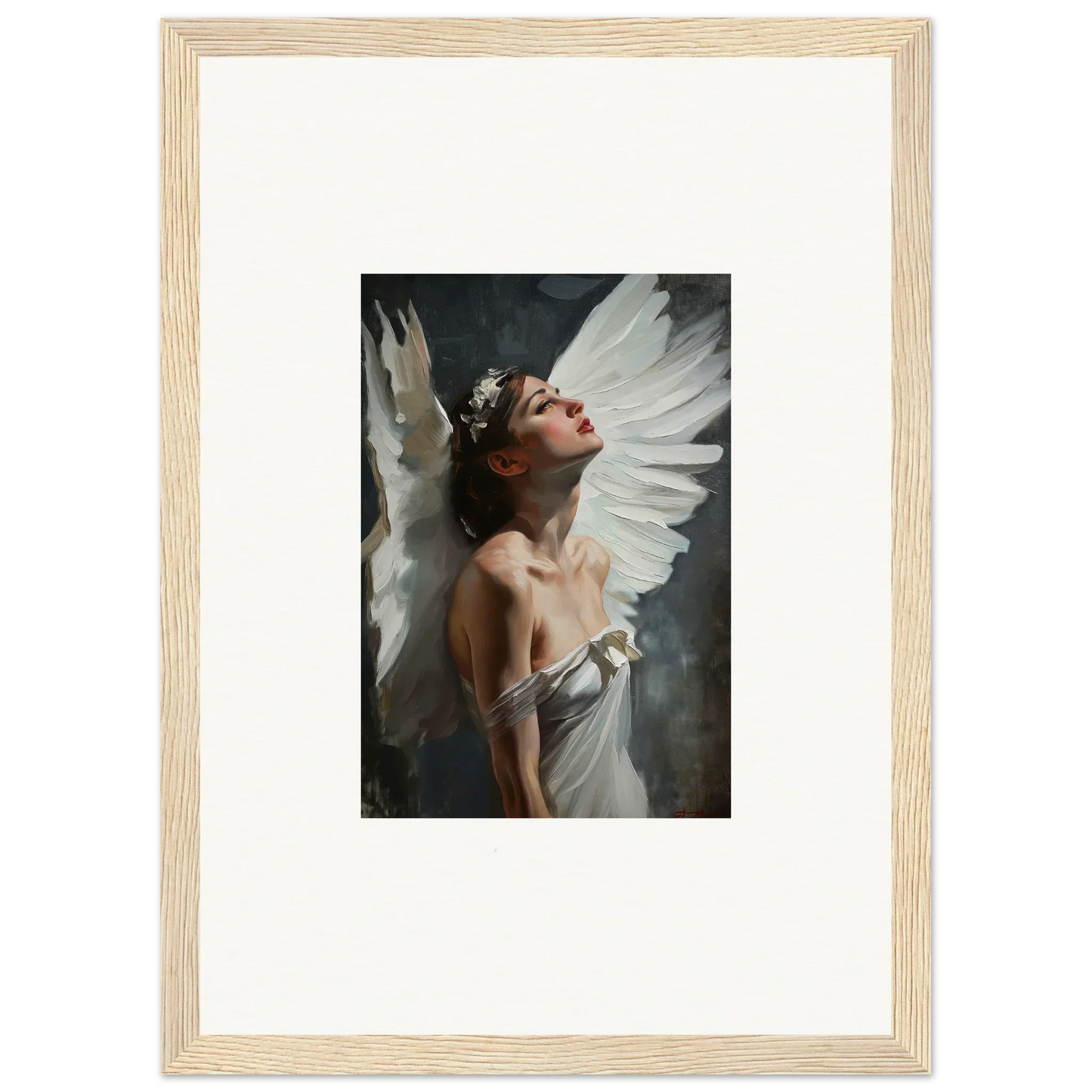 Framed canvas print of Astral Wings Emergence featuring a figure with wings and flowers