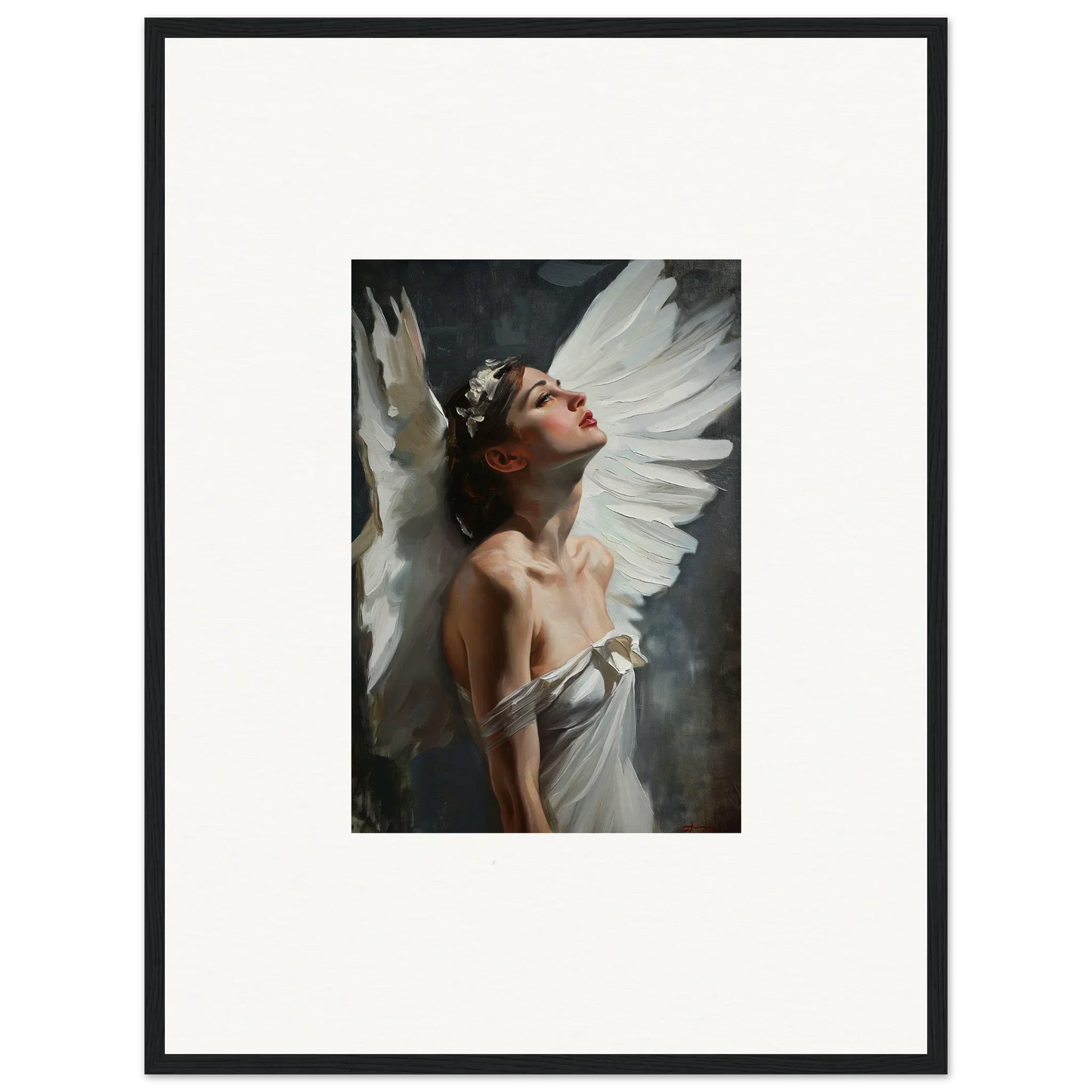 Angelic figure with white wings in a dynamic pose for wings emergence room decoration