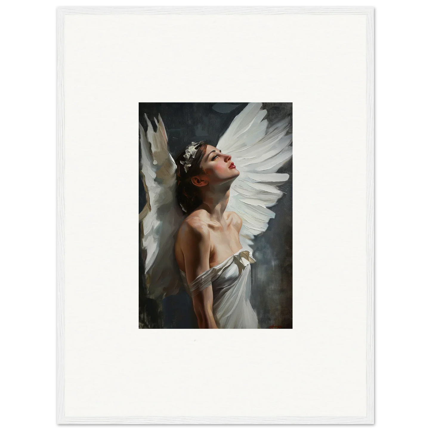 Angelic figure in floral crown with wings emergence canvas print for stylish room decoration