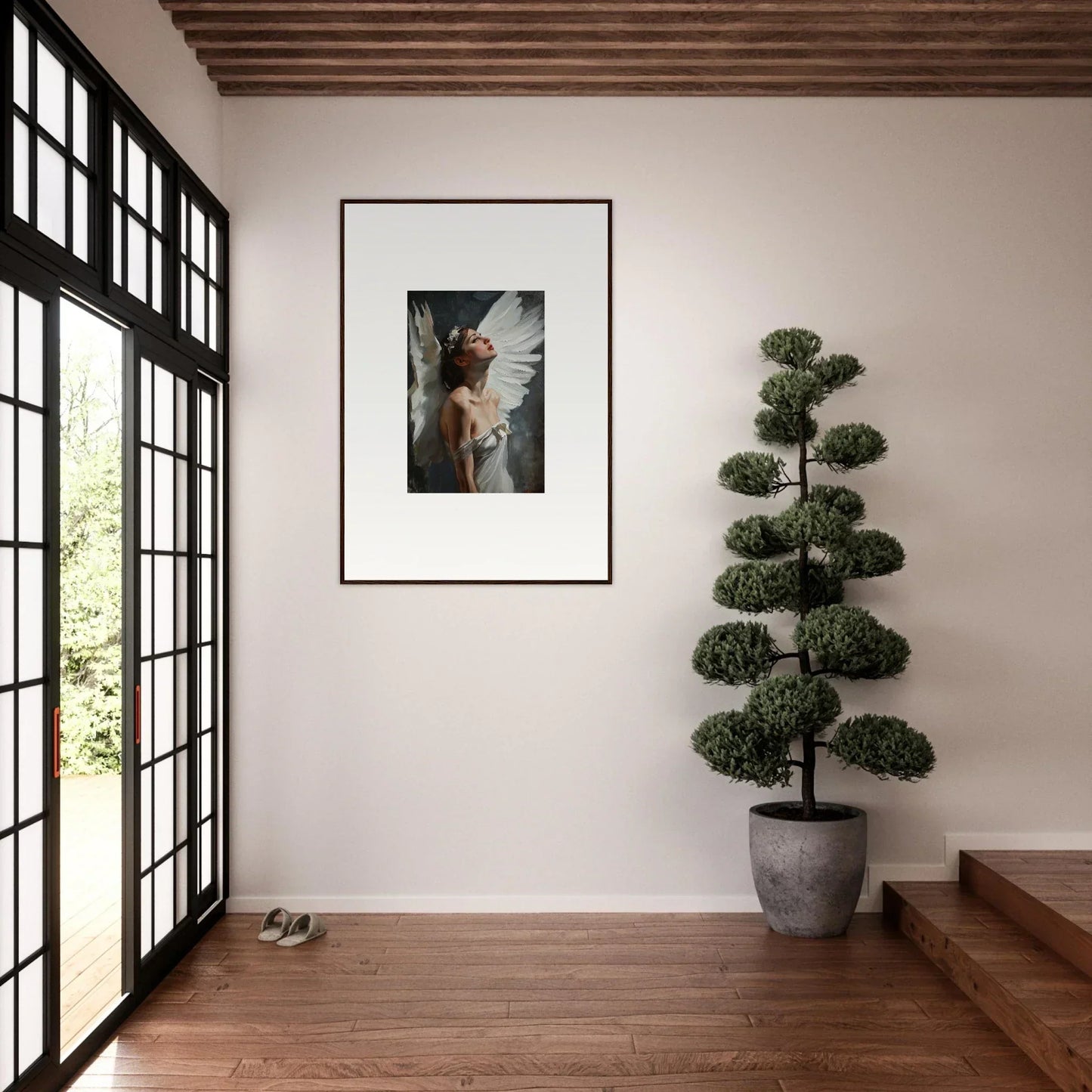 Framed black and white canvas print of a person with wings for unique room decoration