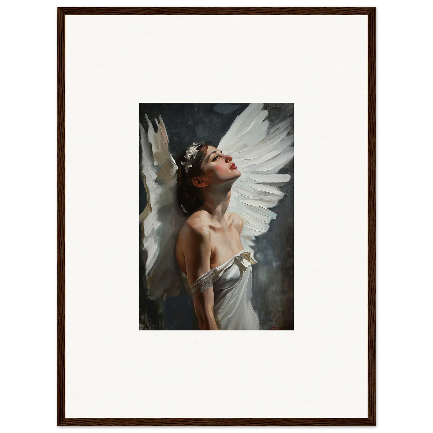 Ethereal figure with white wings in a stunning canvas print for room decoration