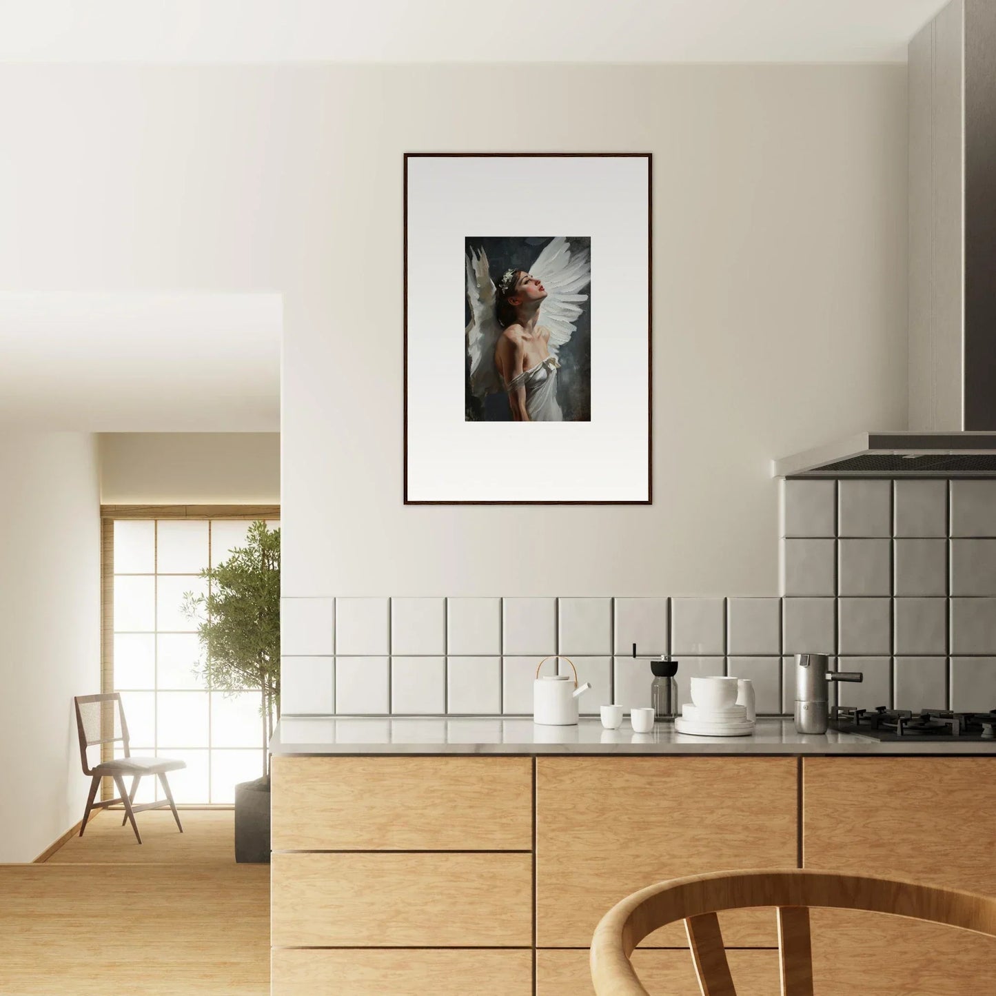 Modern kitchen with wooden cabinets and a canvas print for stylish room decoration