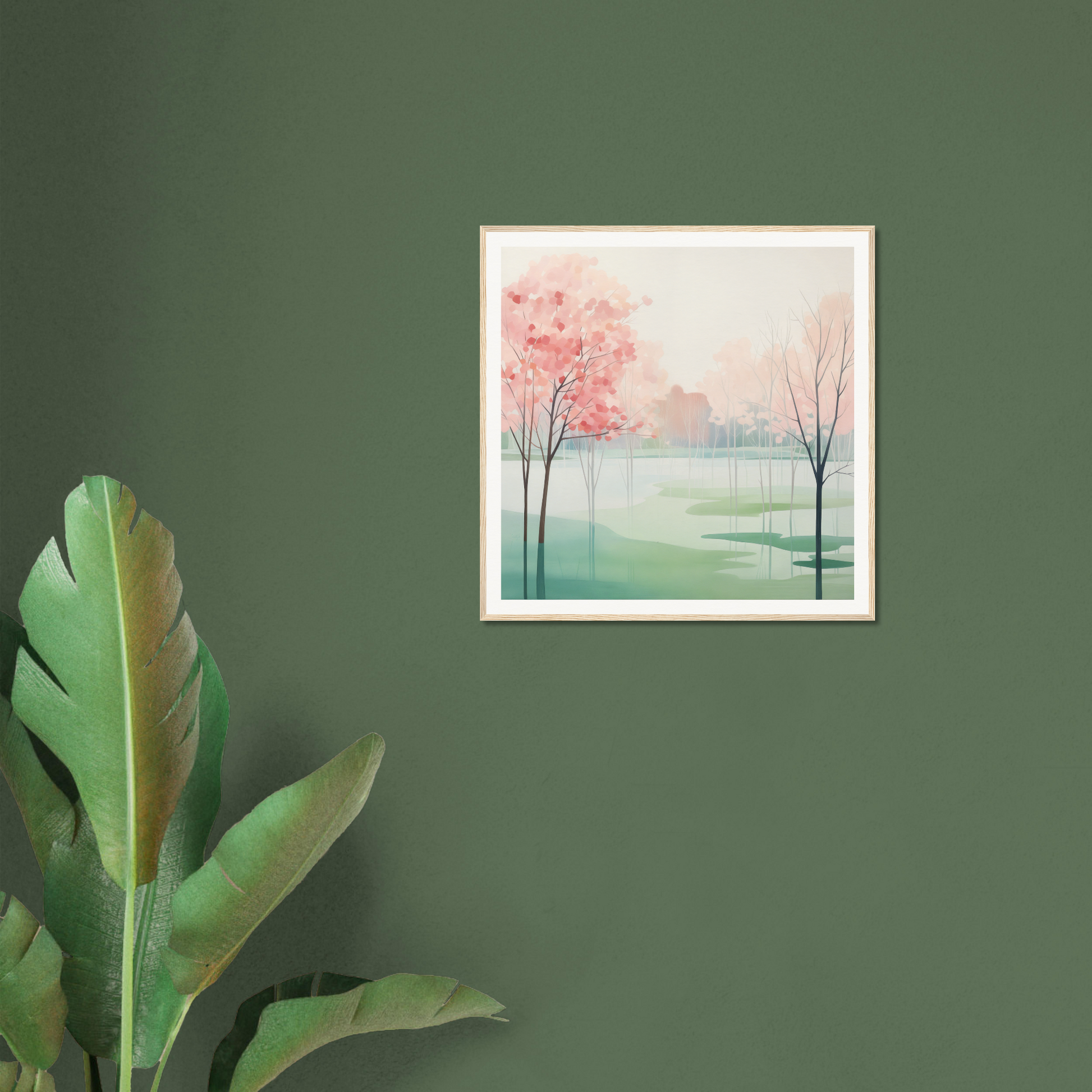 Framed watercolor artwork of a misty spring landscape with pink blossoms in Blossom Azul Symphony