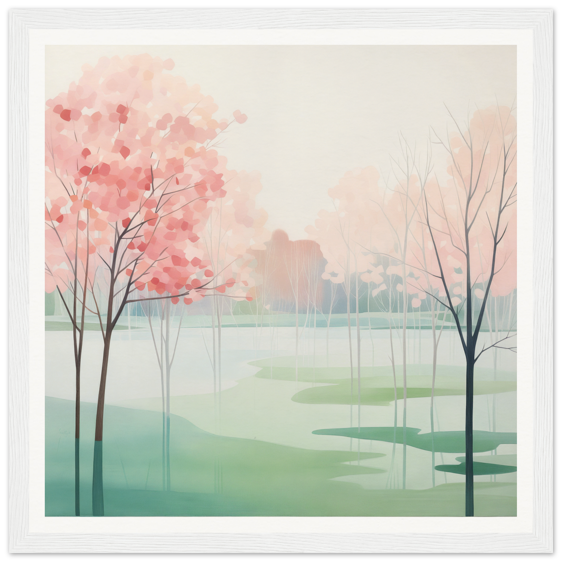 Watercolor painting of cherry blossom trees by a misty lake in Blossom Azul Symphony