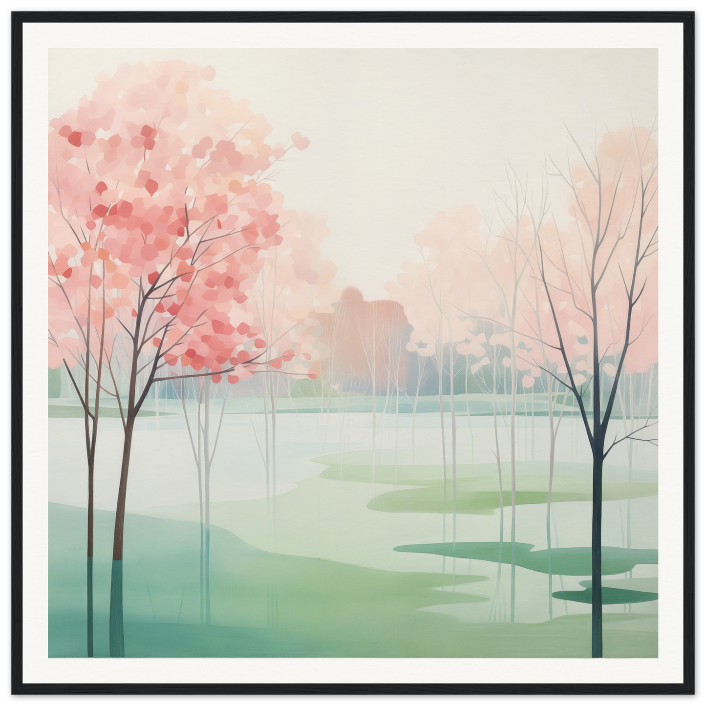 Watercolor painting of pink cherry blossoms in a misty landscape for Blossom Azul Symphony