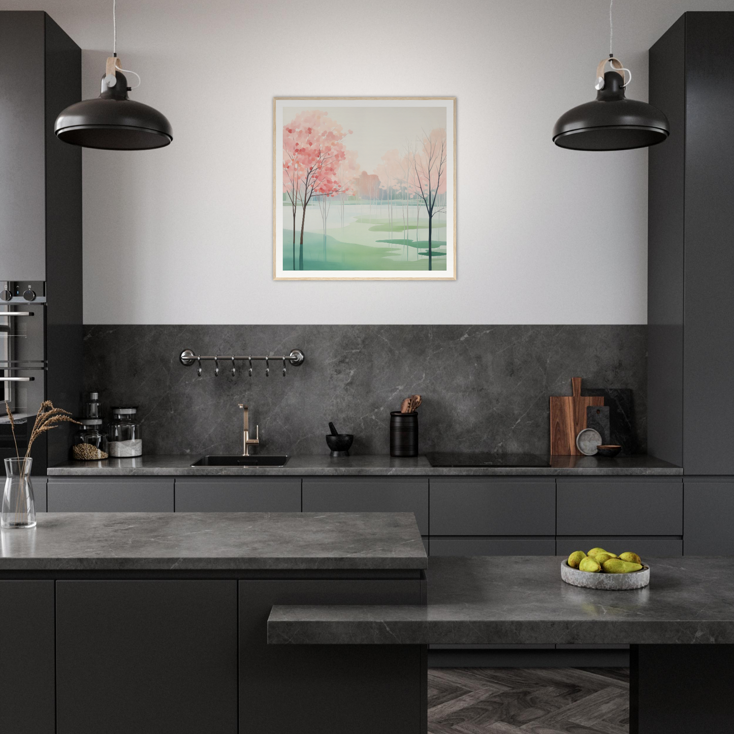 Modern dark gray kitchen featuring industrial pendant lights and Blossom Azul Symphony artwork