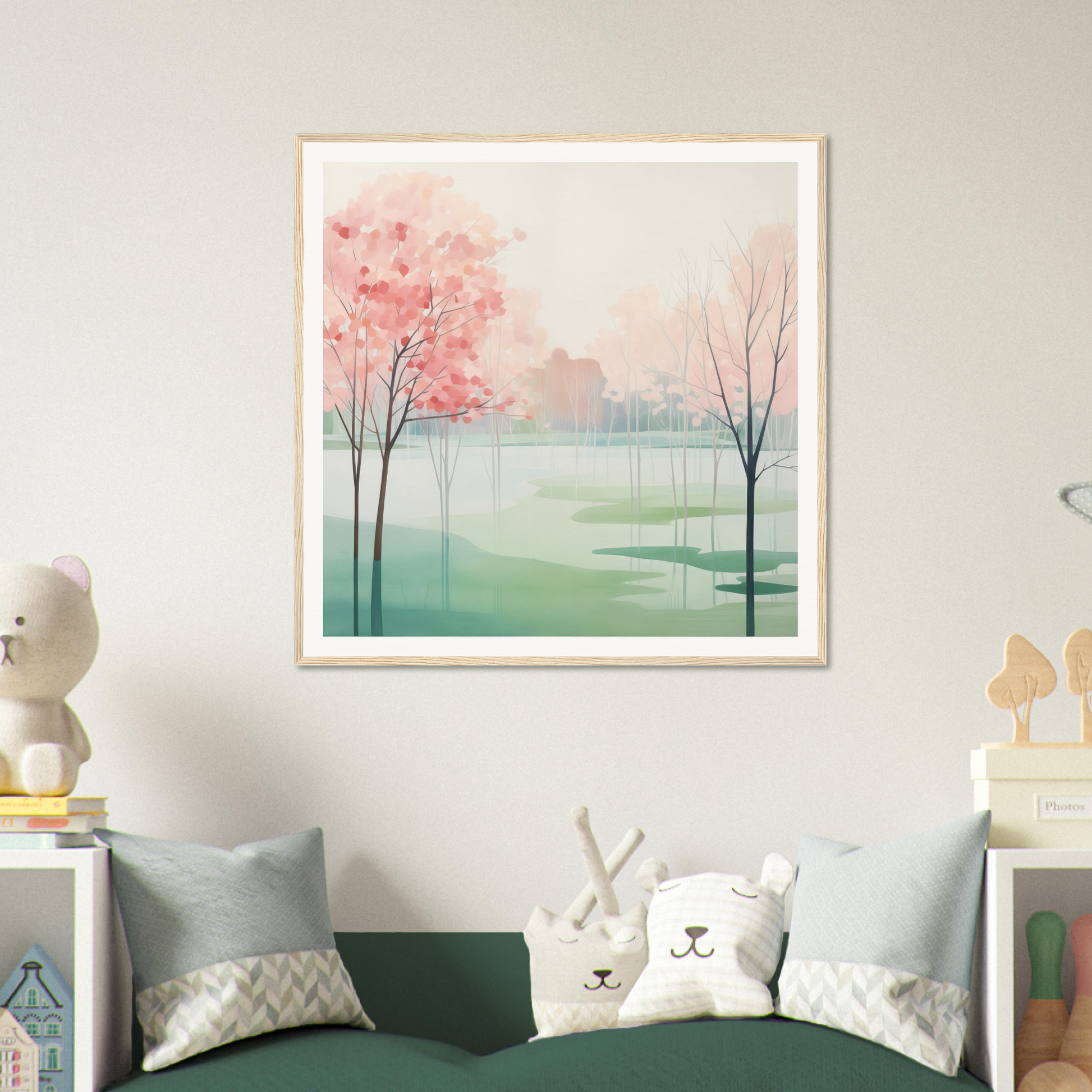 Framed watercolor painting of pink cherry blossoms in a misty landscape, Blossom Azul Symphony