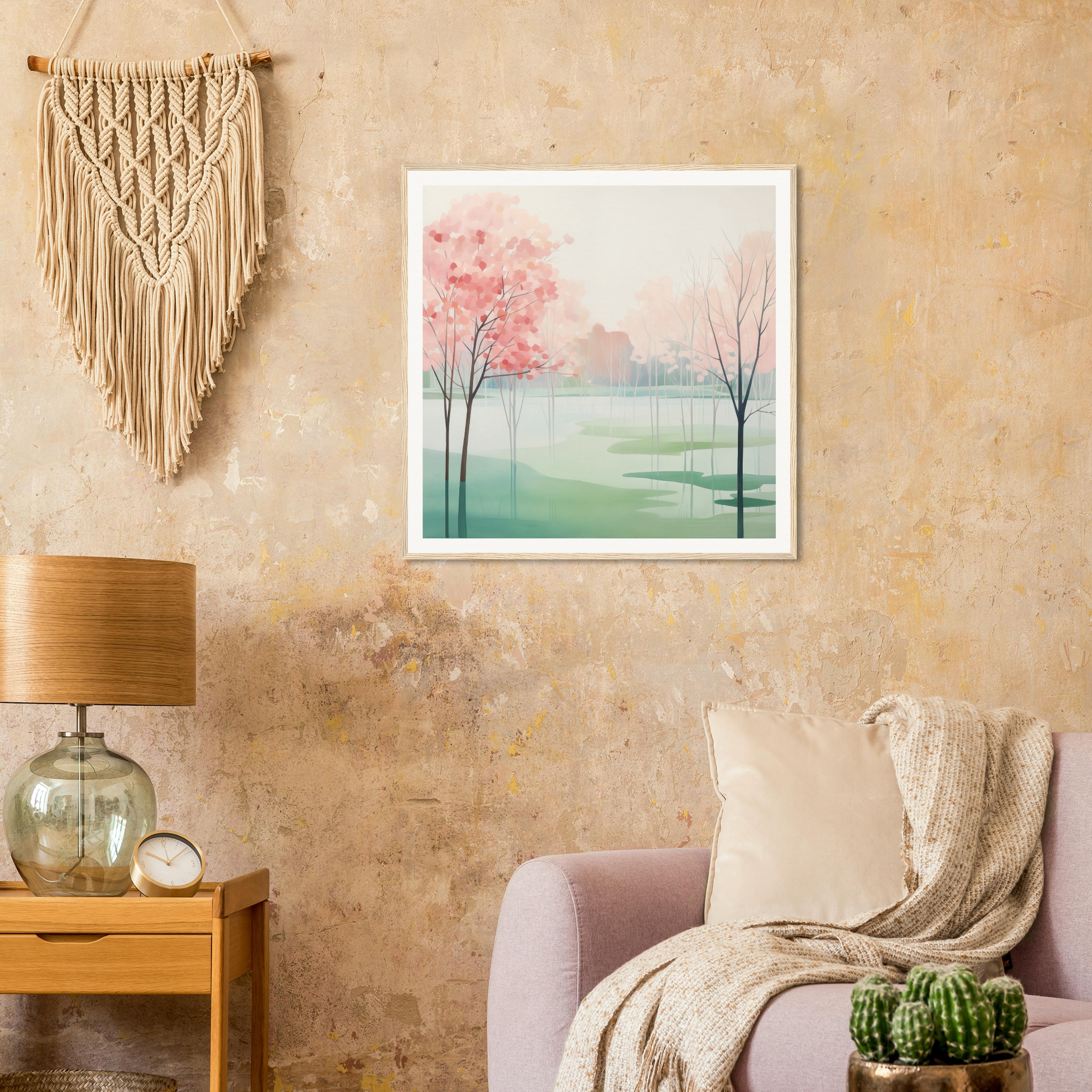 Framed watercolor of pink cherry blossoms in a misty green landscape, Blossom Azul Symphony