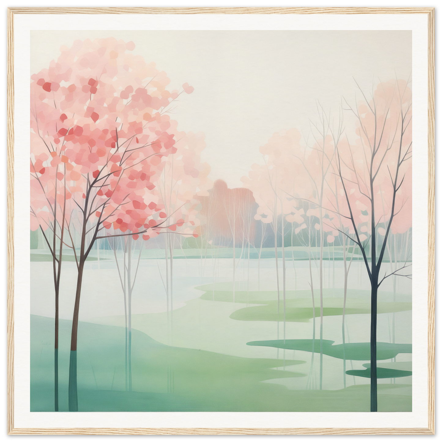 Watercolor painting of pink cherry blossoms by a misty lake in Blossom Azul Symphony