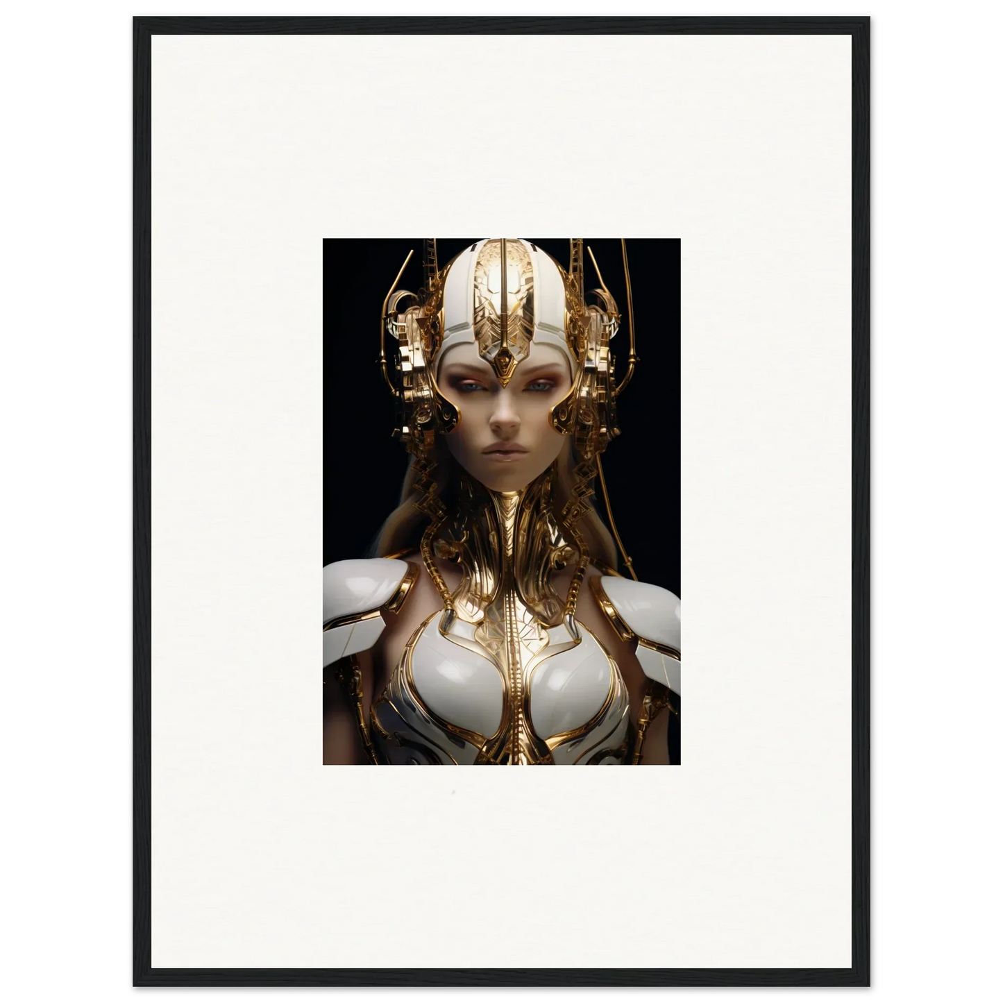 Futuristic female figure in gold headpiece for unique wall art and room decoration