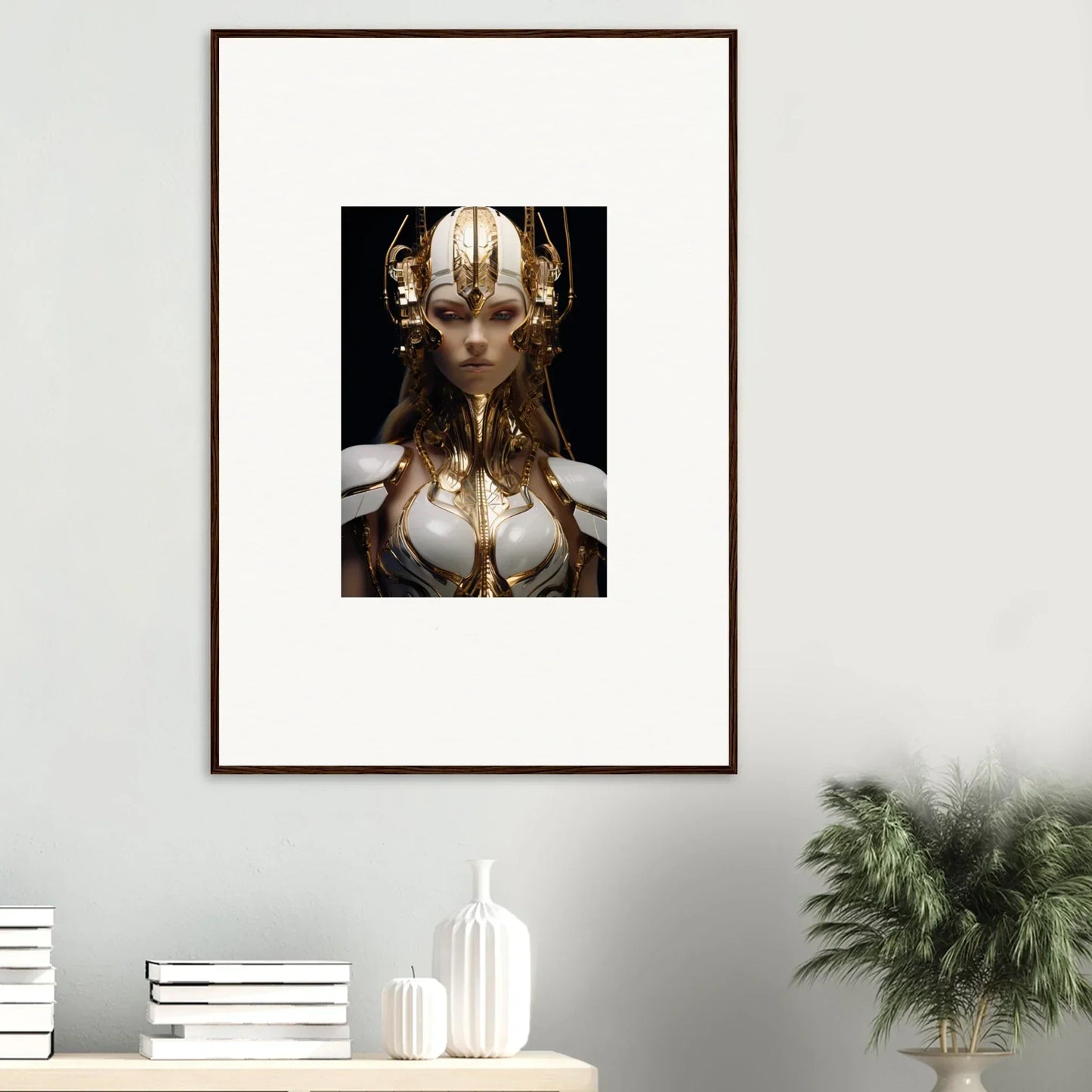 Framed canvas print of a figure in a golden headdress, perfect for room decoration
