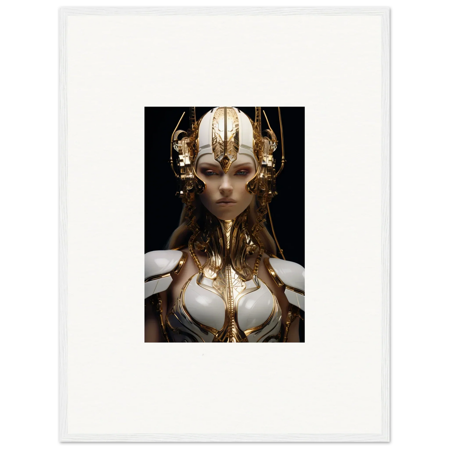 Futuristic female figure in gold headdress, perfect for wall art and room decoration