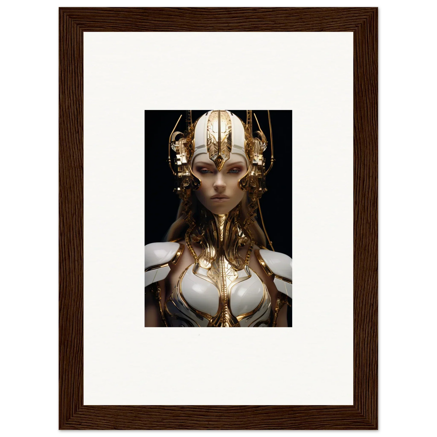 Ornate golden headdress and armor on intense figure, perfect for wall art or room decoration
