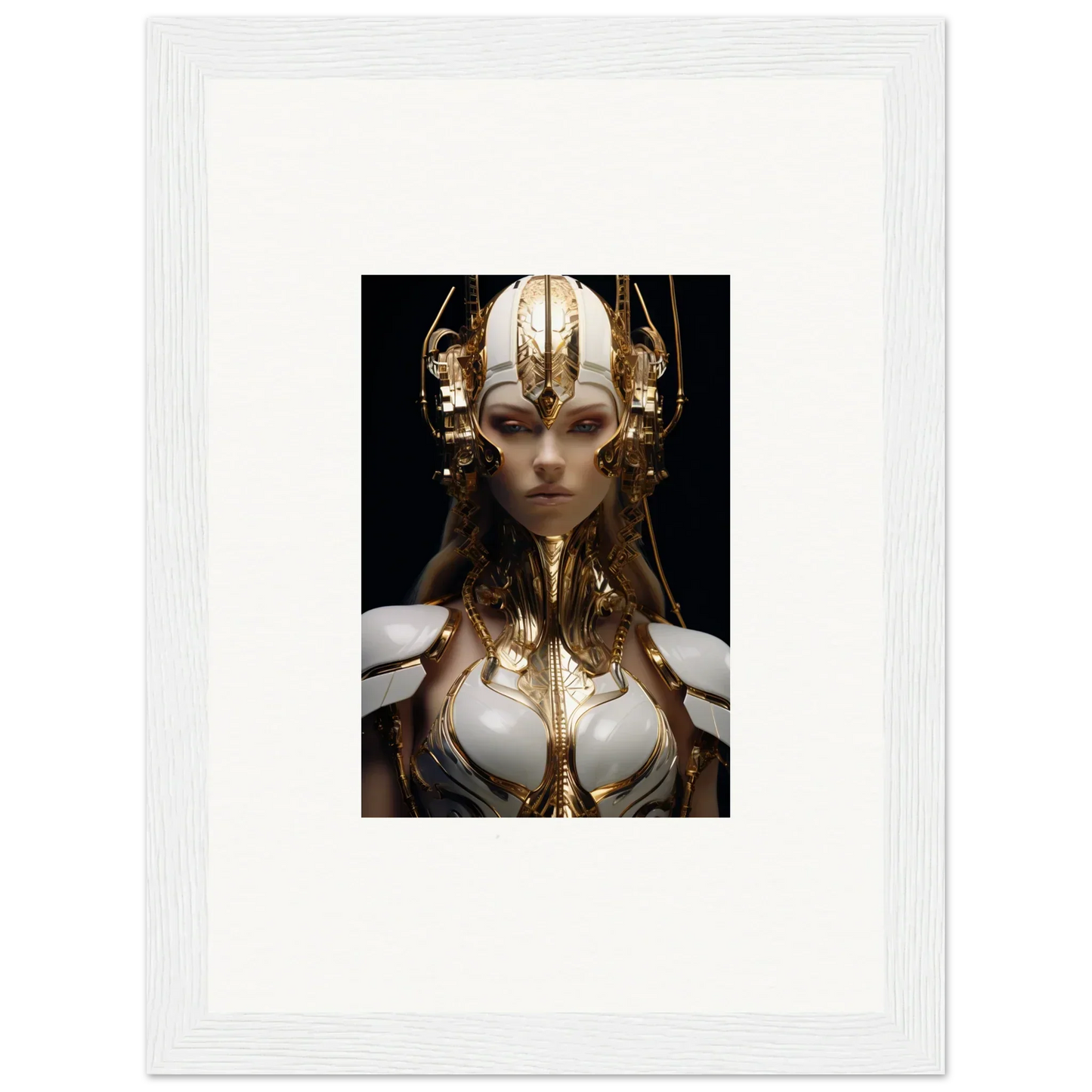 Framed wall art of a figure in a golden headpiece, perfect for room decoration