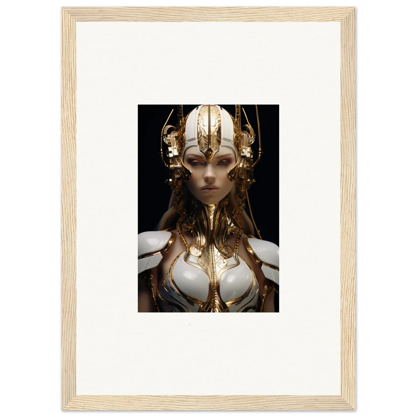 Futuristic female figure in golden headdress, perfect for canvas print wall art