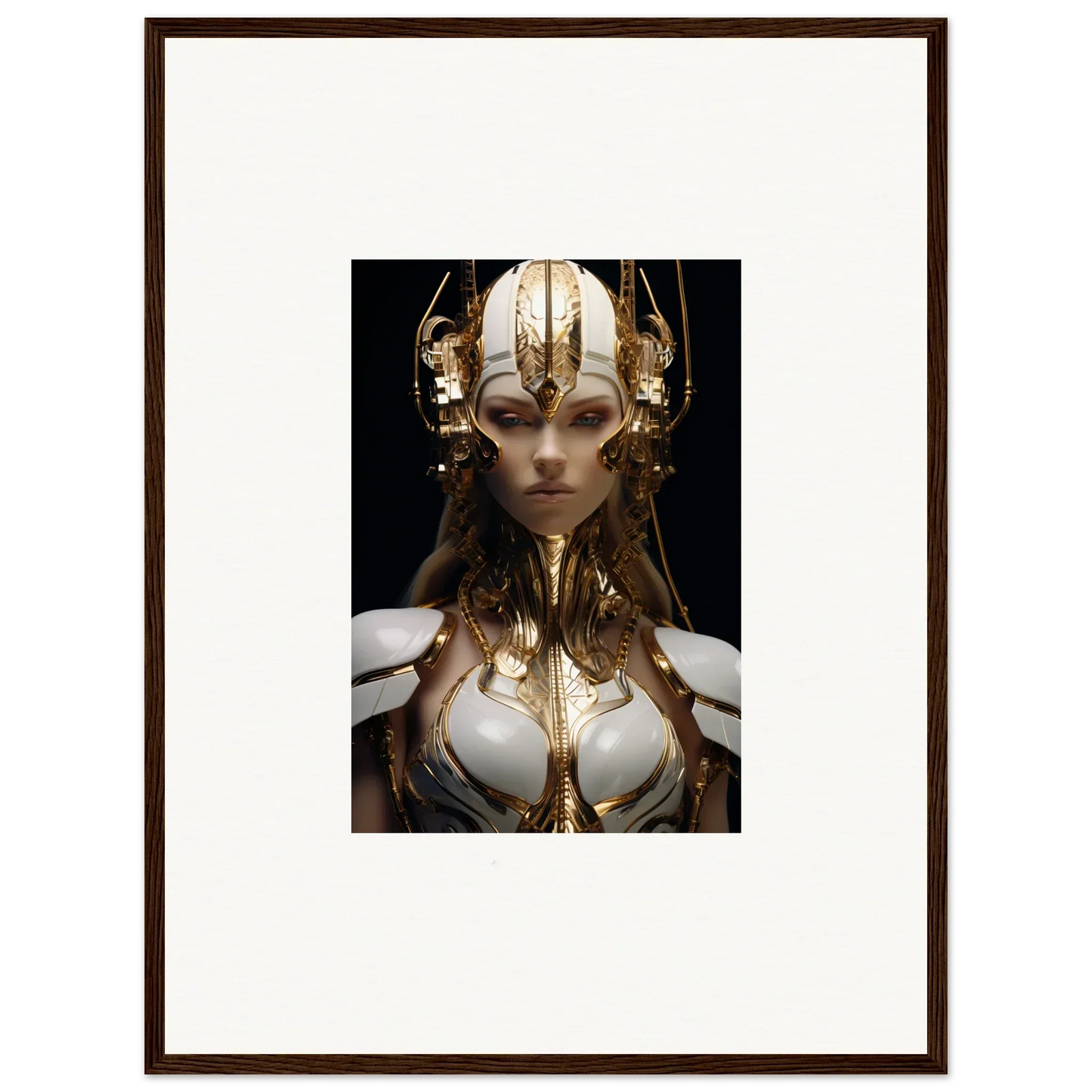 Futuristic female figure in gold armor, perfect wall art for room decoration