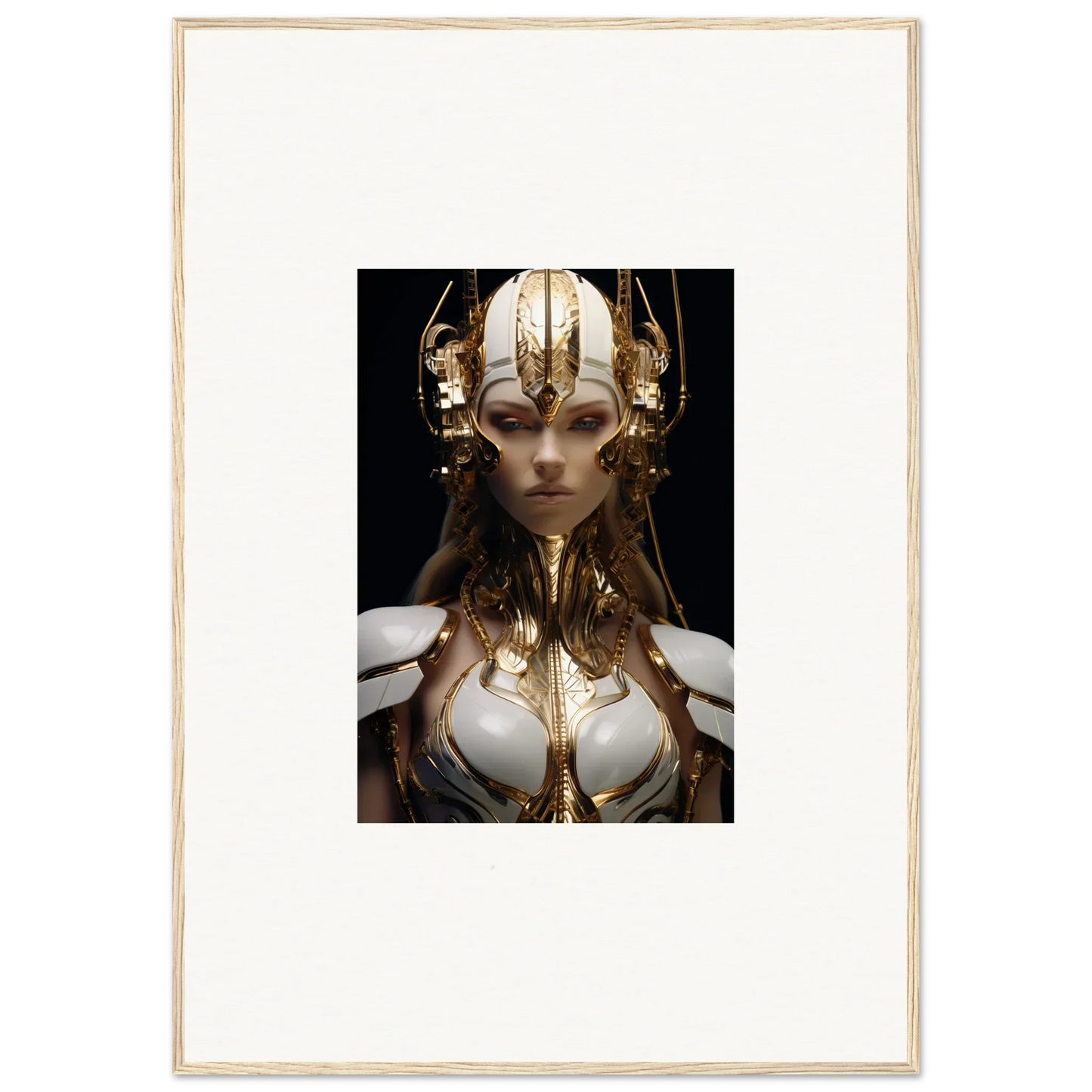 Ornate golden headdress and armor on a mystical figure, perfect for canvas print wall art