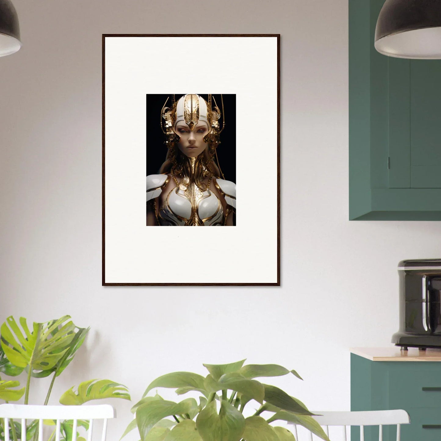 Futuristic biomechanical wall art with golden headdress for cool room decoration