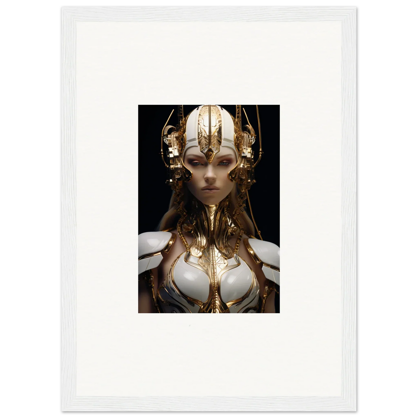 Stunning ornate golden headdress and armor on a sci-fi figure for wall art decor