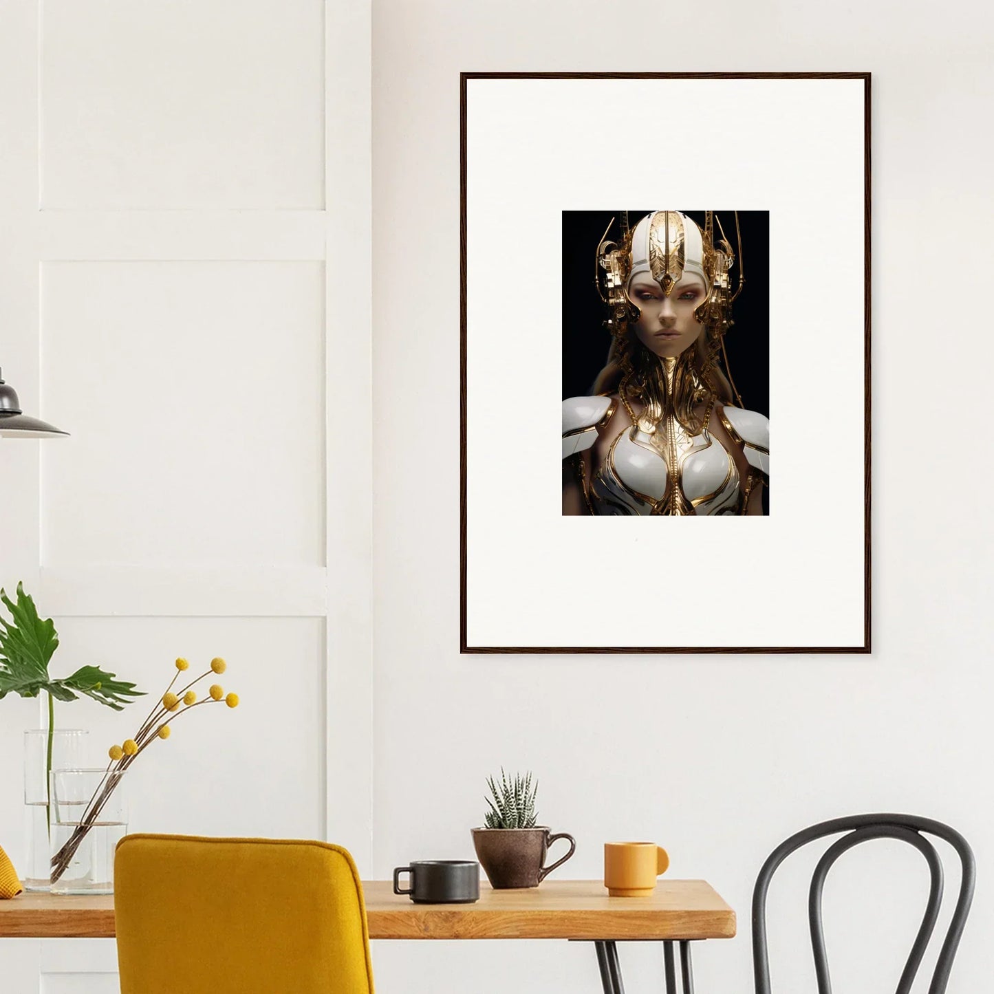 Framed wall art of a fantasy figure with metallic details, perfect for room decoration