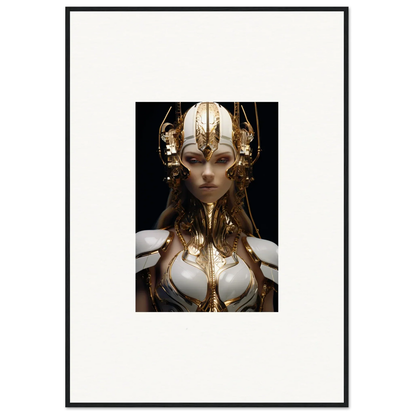 Futuristic female figure with golden headpiece, perfect for wall art or room decoration