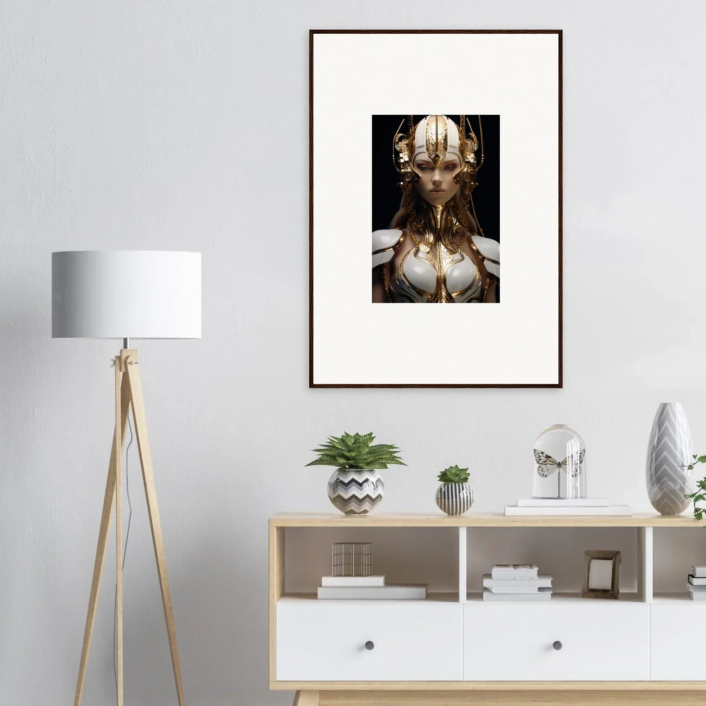Framed portrait of a figure in a golden headdress, perfect for wall art or room decoration