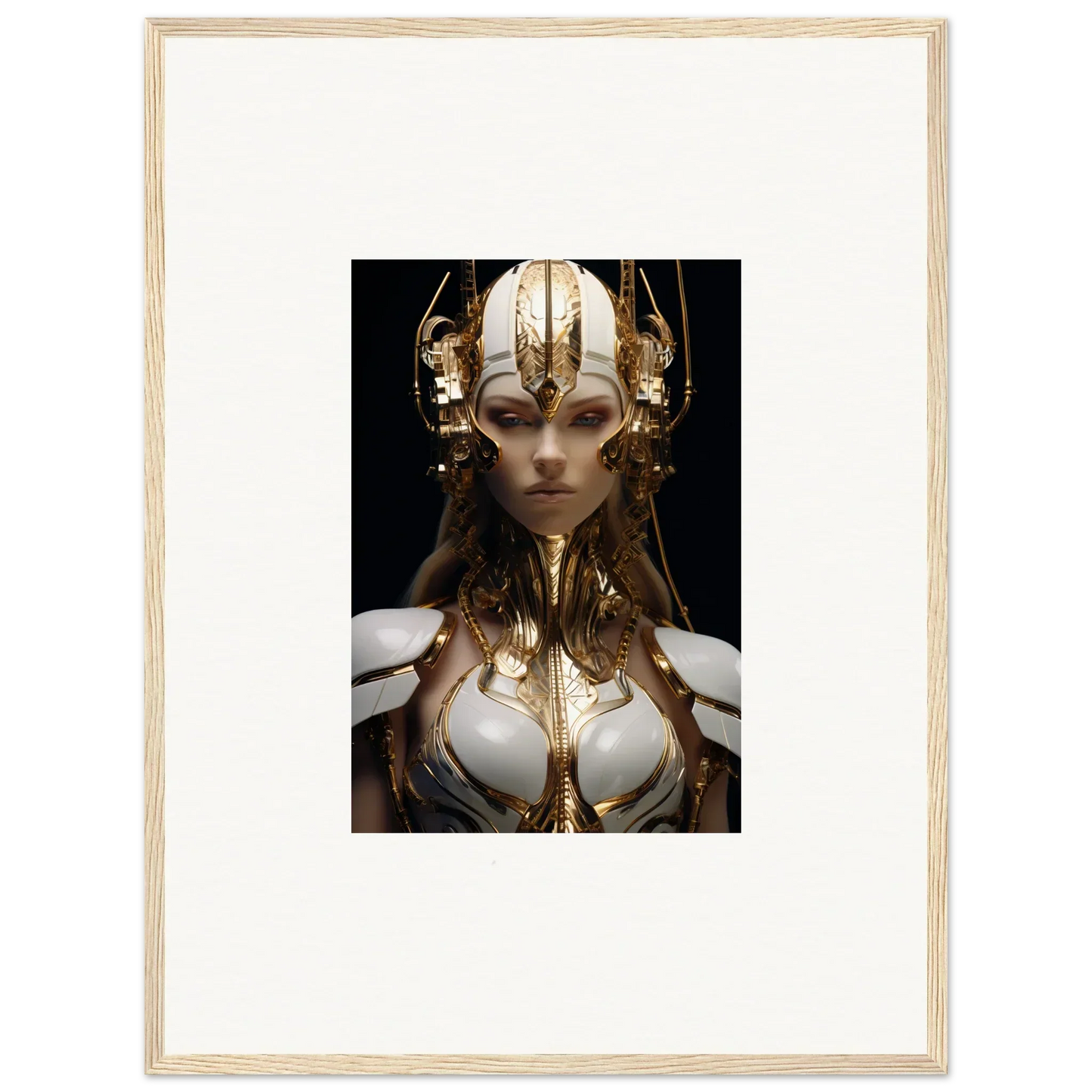 Futuristic female figure with golden headdress, perfect for wall art or room decoration