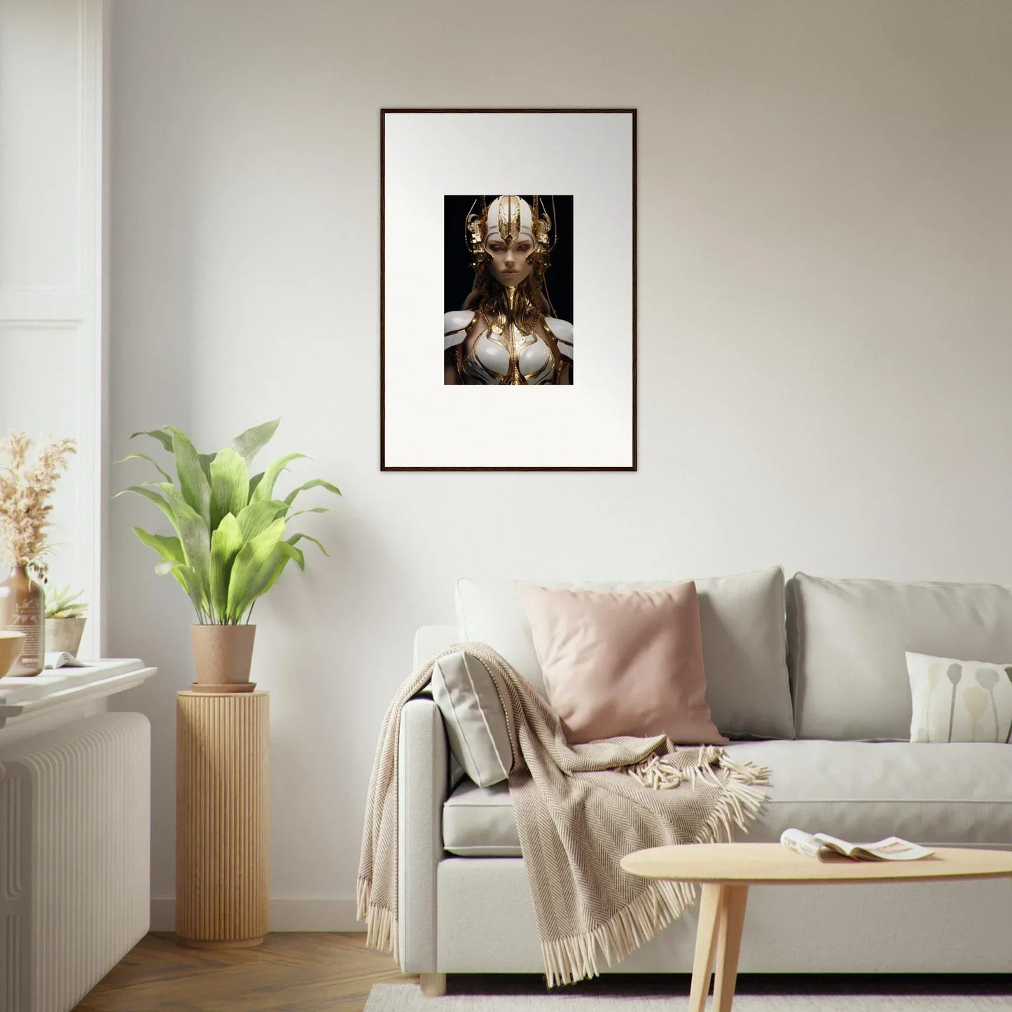 Framed portrait of a person in an ornate headdress, perfect for wall art and room decoration