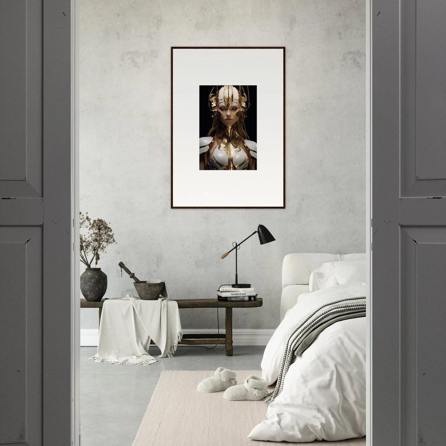 Framed wall art of a figure with a crown, perfect for room decoration or canvas print