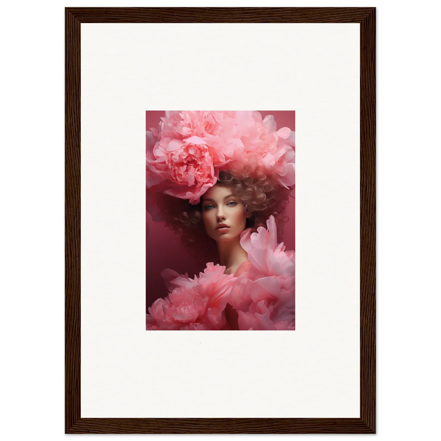 Portrait of a woman with pink florals, perfect for a Dreamscape Whispers canvas print