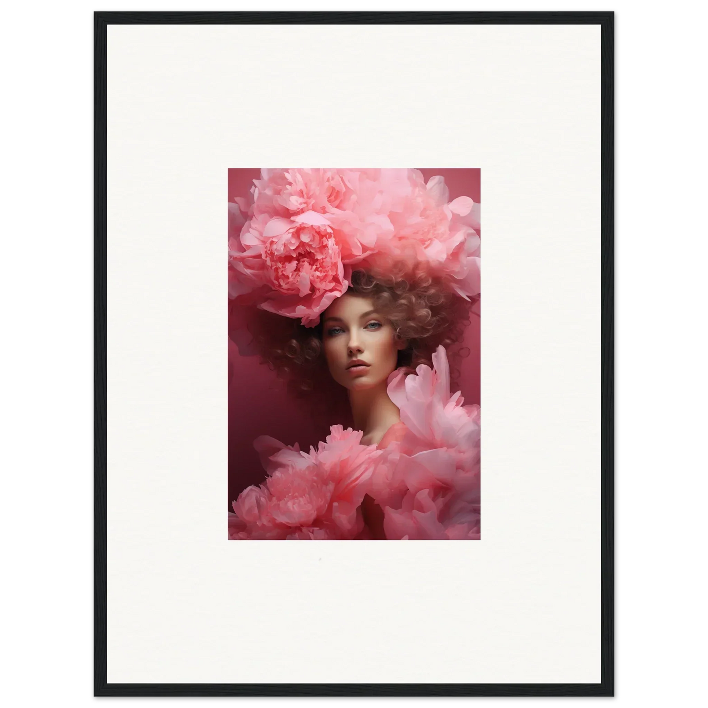 Framed canvas print of a woman with pink flowers for dreamy room decoration