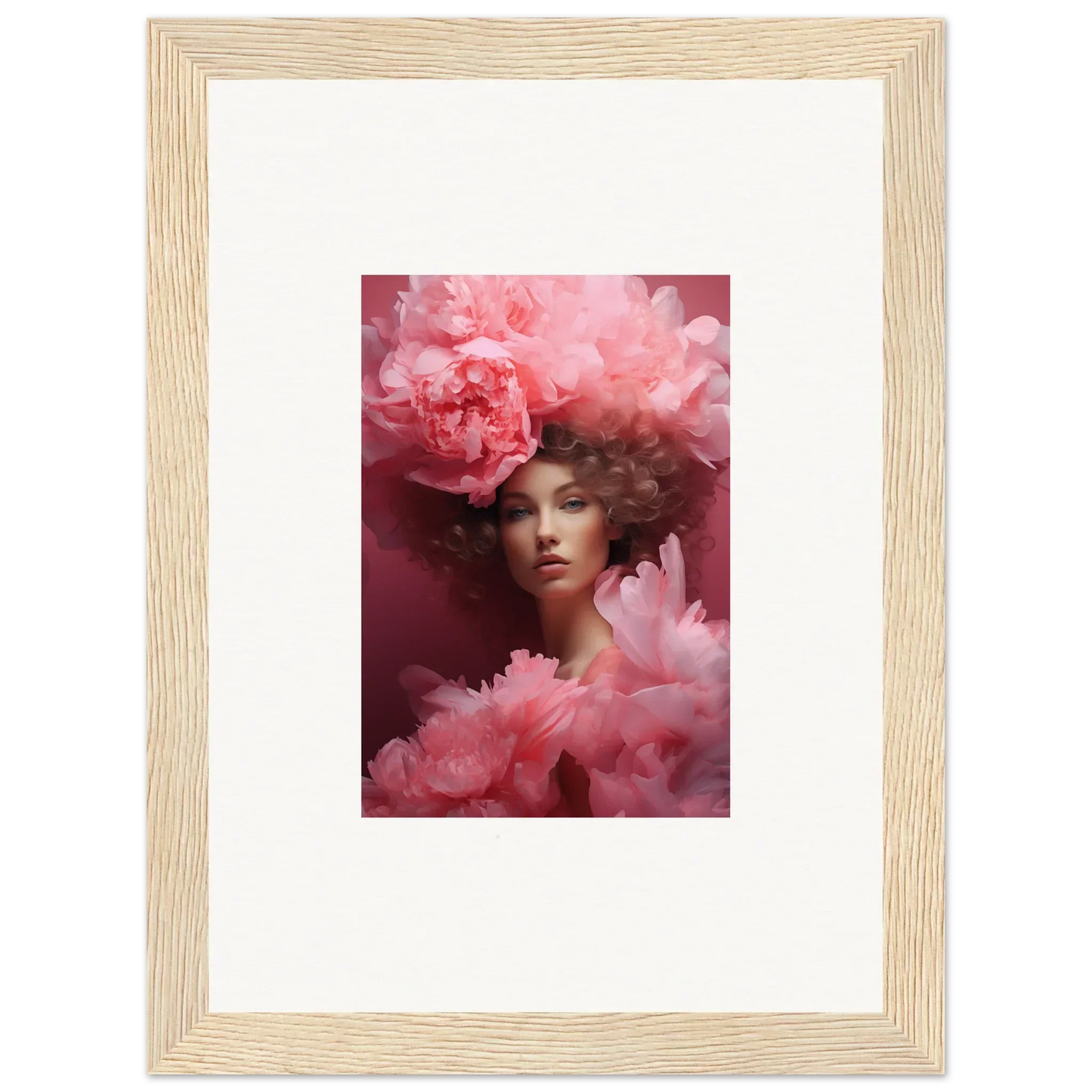 Framed canvas print of a woman in pink floral elements for dreamy room decoration