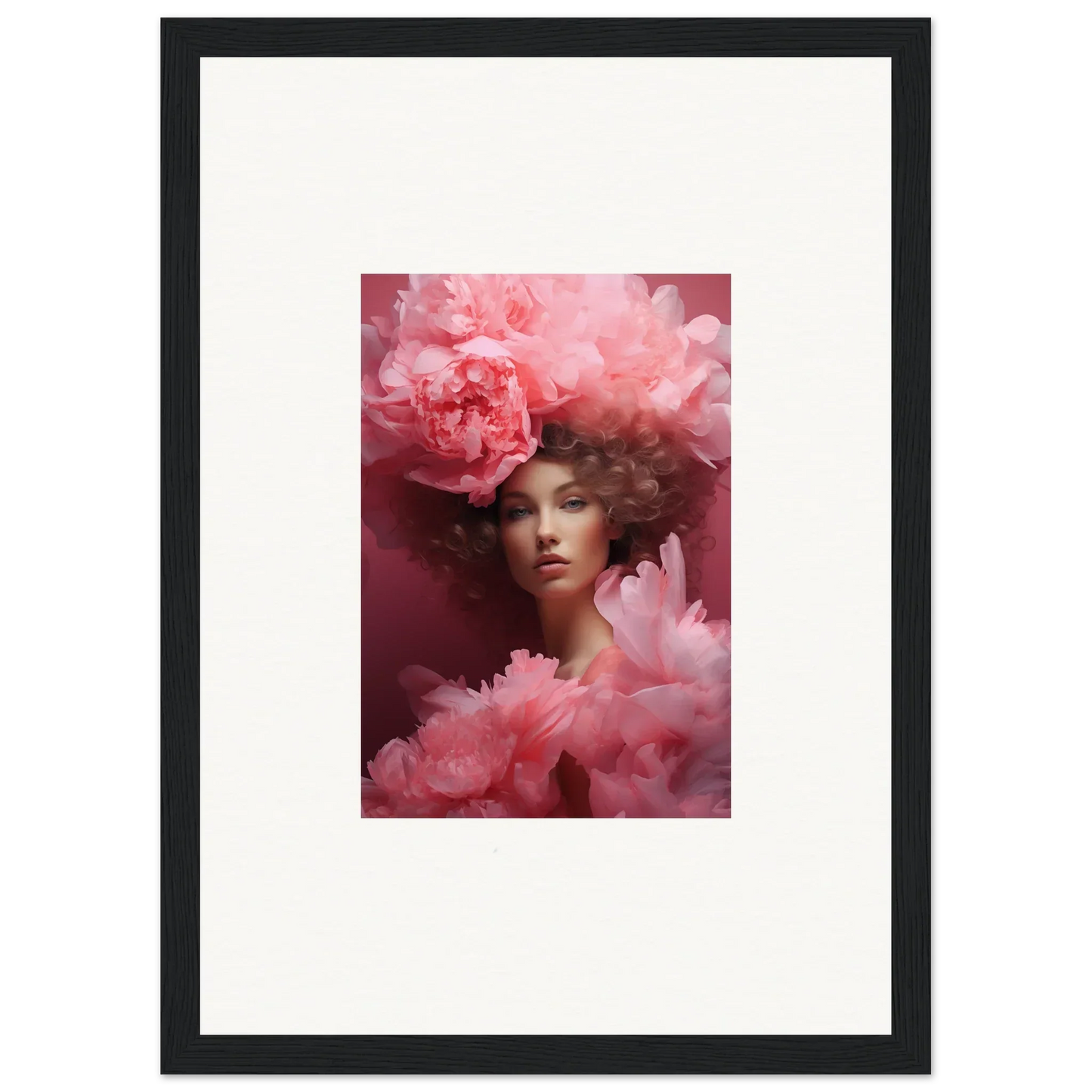 Framed portrait of a woman with pink flowers, perfect for room decoration as a canvas print