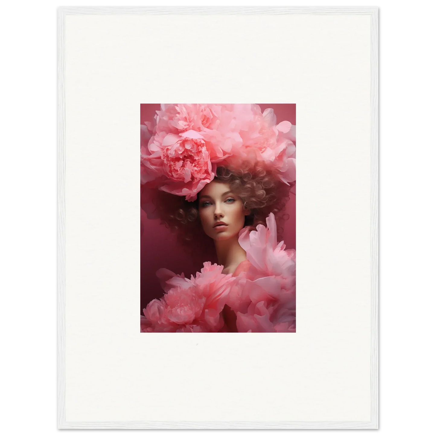 Portrait of a woman with soft pink florals for a dreamy canvas print in room decoration