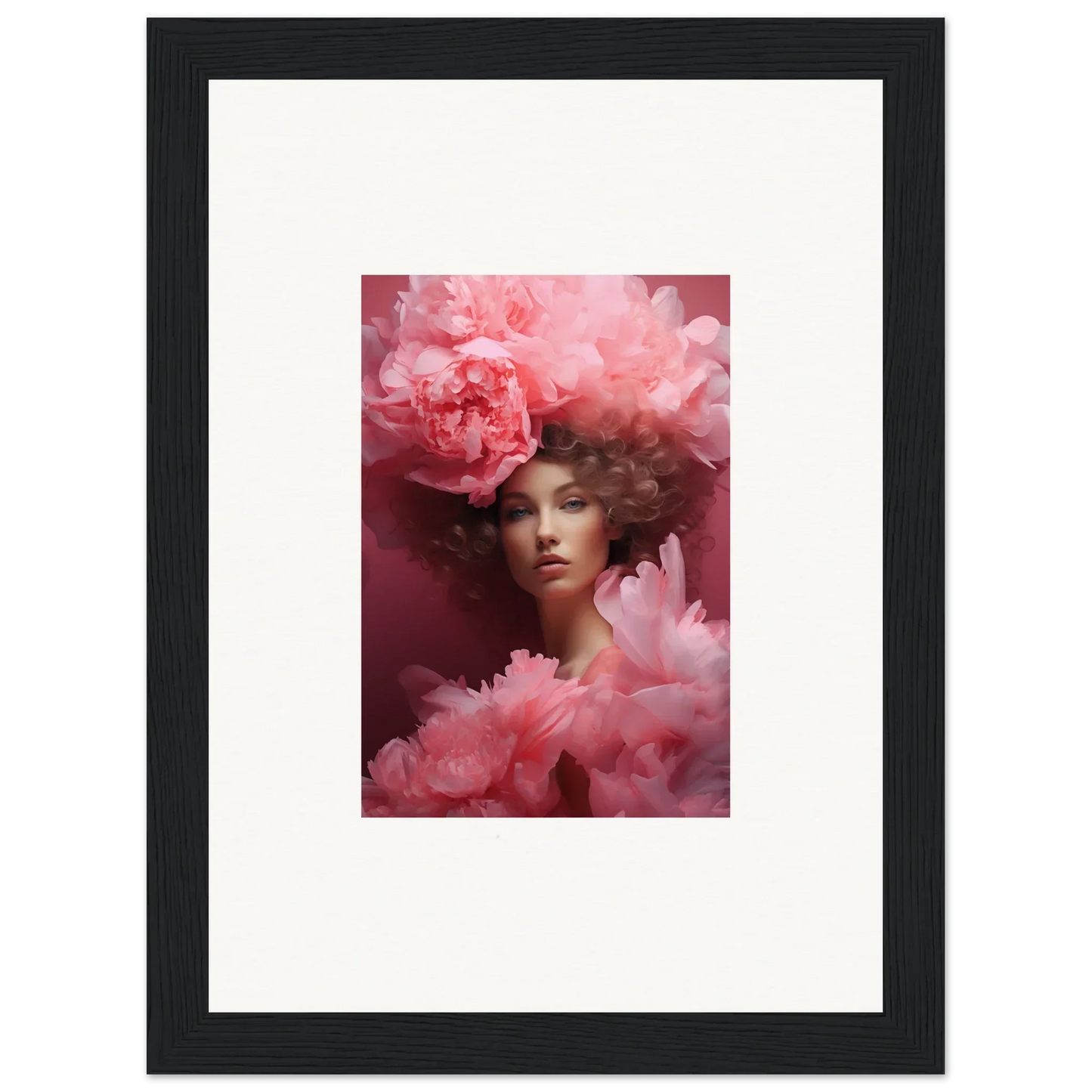 Framed portrait of a woman with pink flowers for dreamy room decoration canvas print